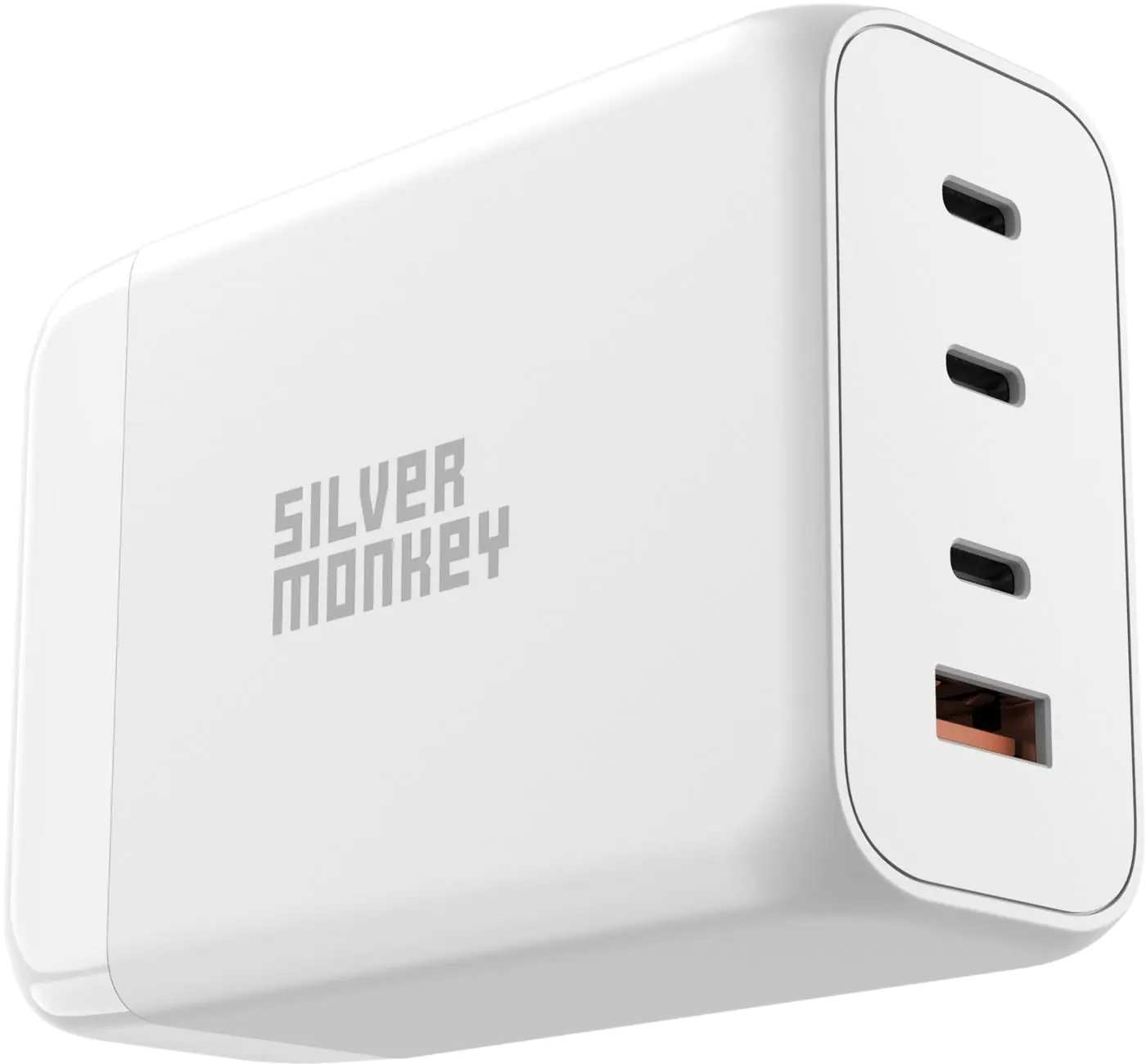 Ein weißer USB-C-Ladegerät mit drei Anschlüssen und dem Logo 'SILVER MONKEY'.