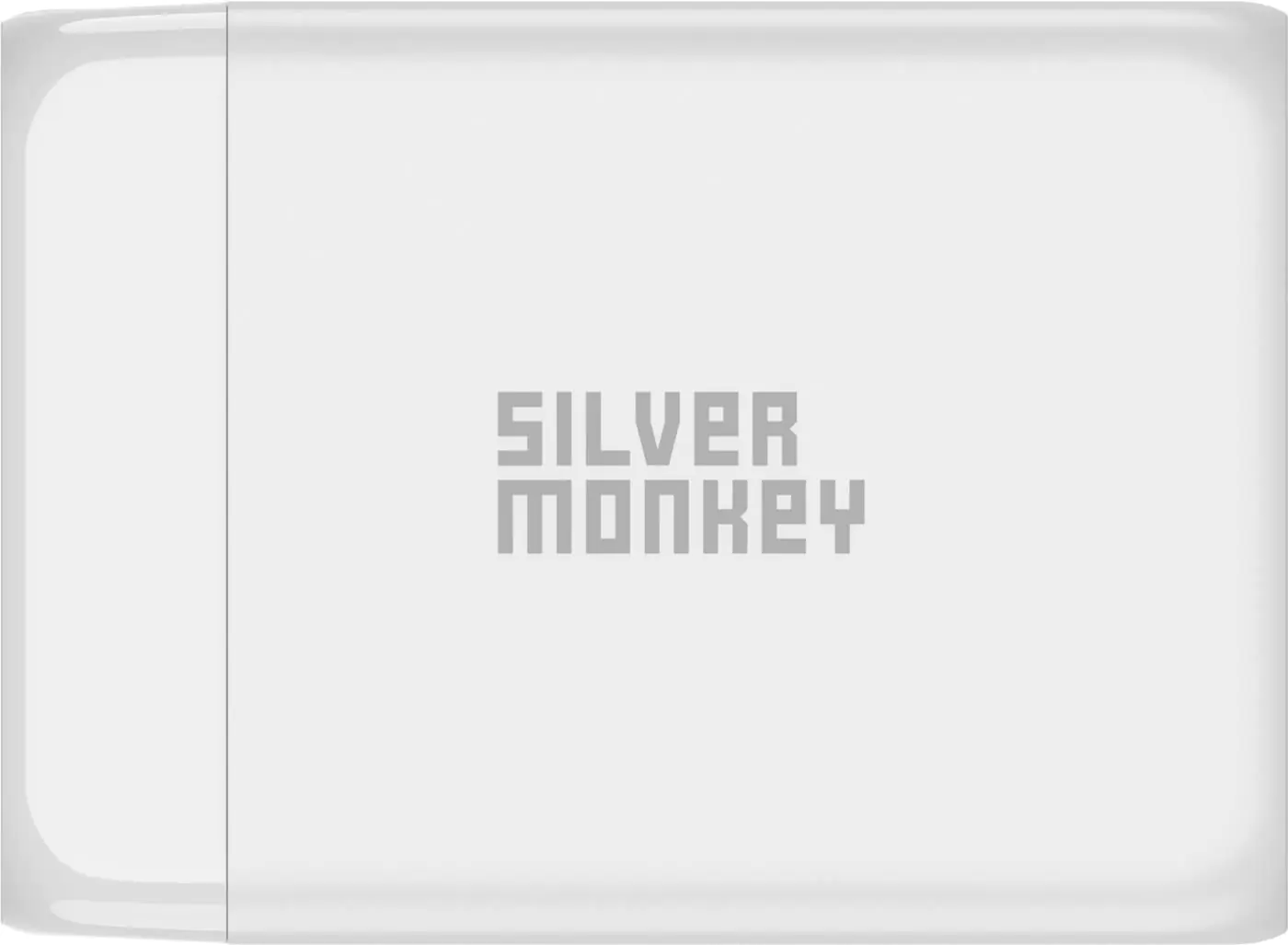 Ein weißes Ladegerät mit dem Logo von Silver Monkey.