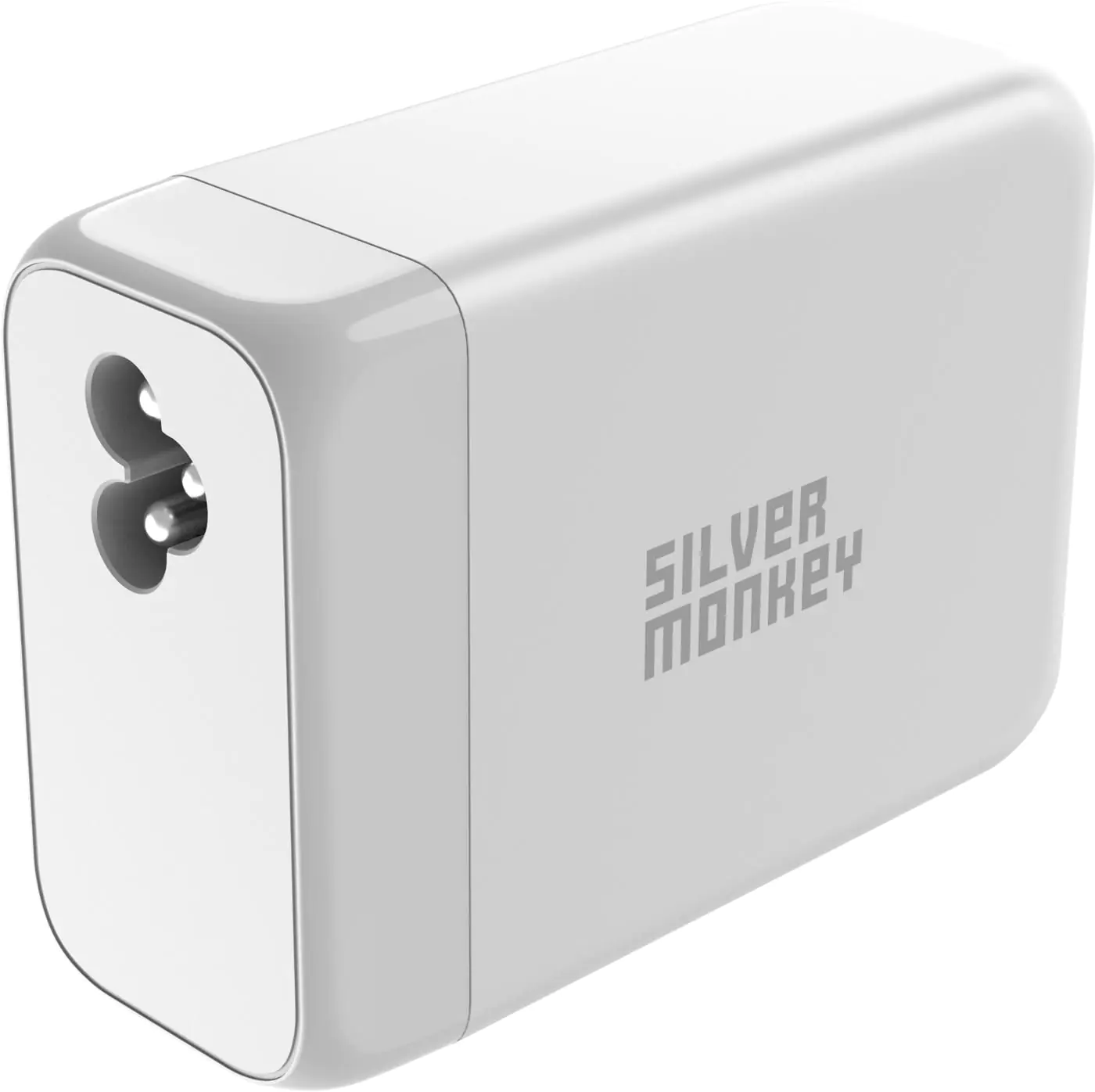 Ein weißer Netzsteckeradapter mit dem Logo von Silver Monkey.