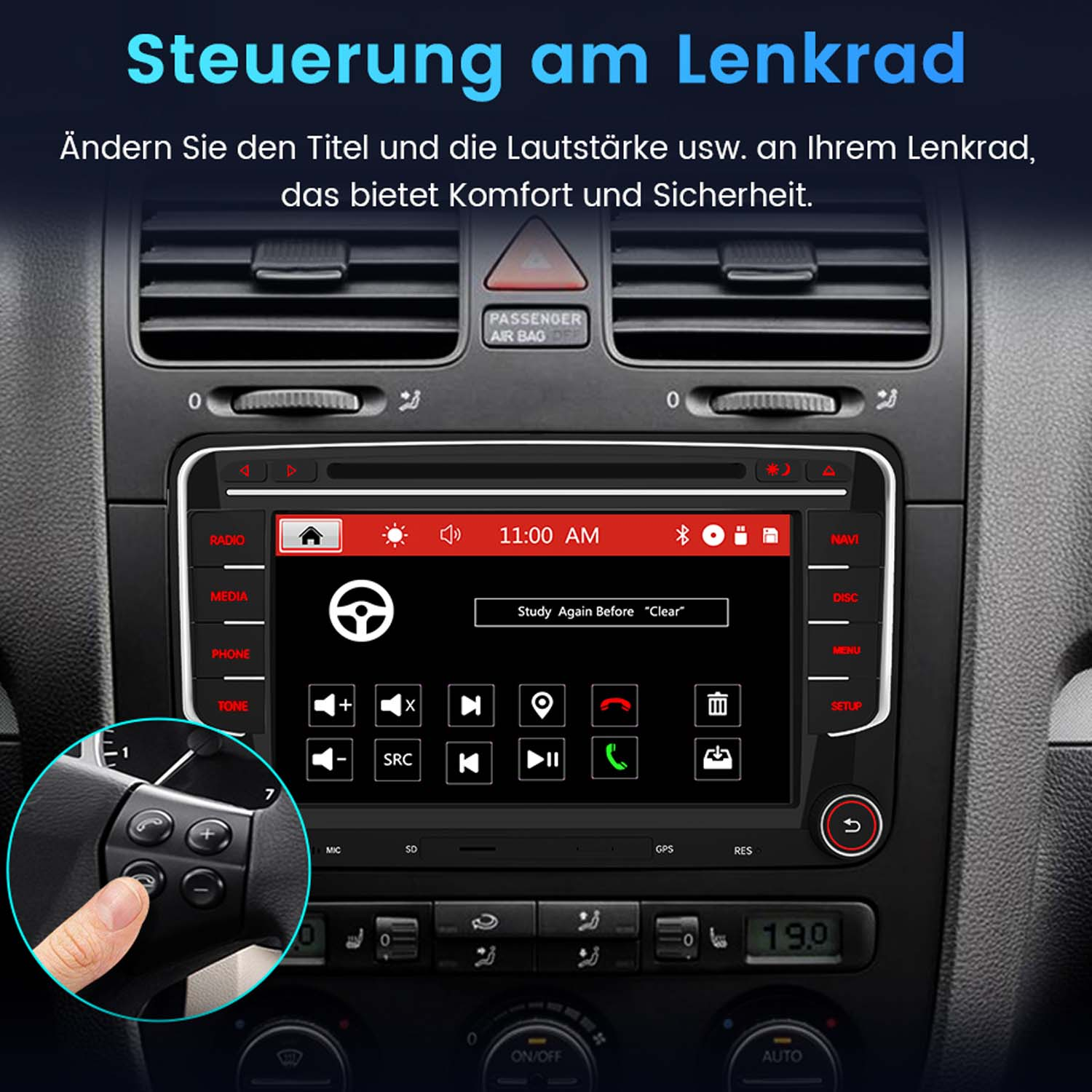 Lenkradsteuerung mit Touchscreen und Bedienelementen für Radio, Medien und Telefon.