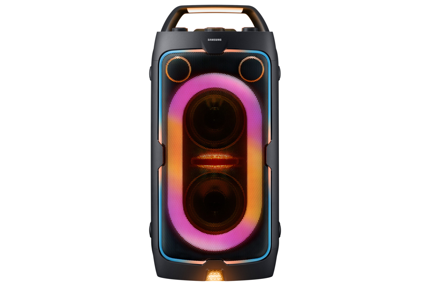 Schwarzer Samsung Lautsprecher mit bunten Lichtern und Griff.