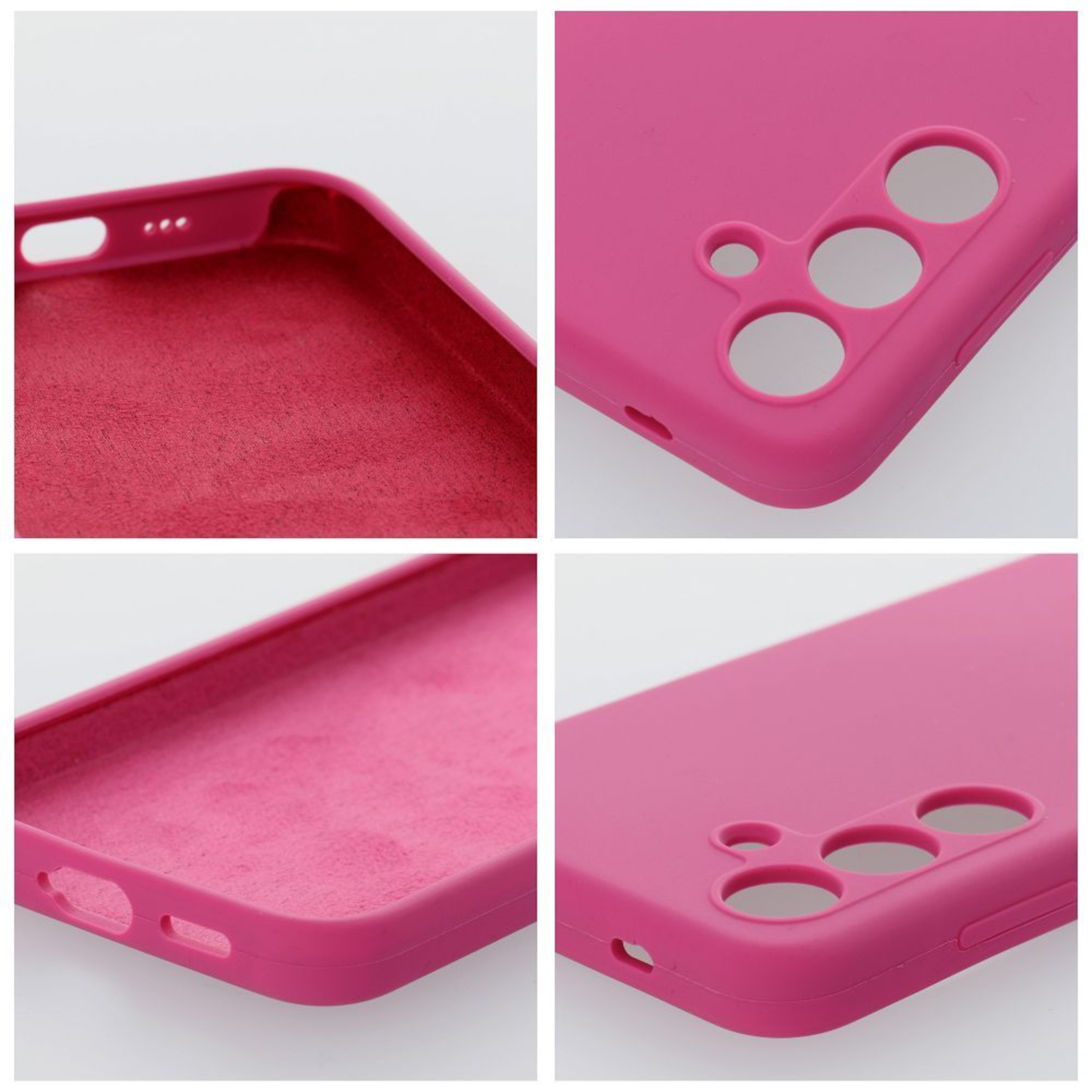 Ein pinkes Handycover mit Ausschnitten für Kamera und Anschlüsse.