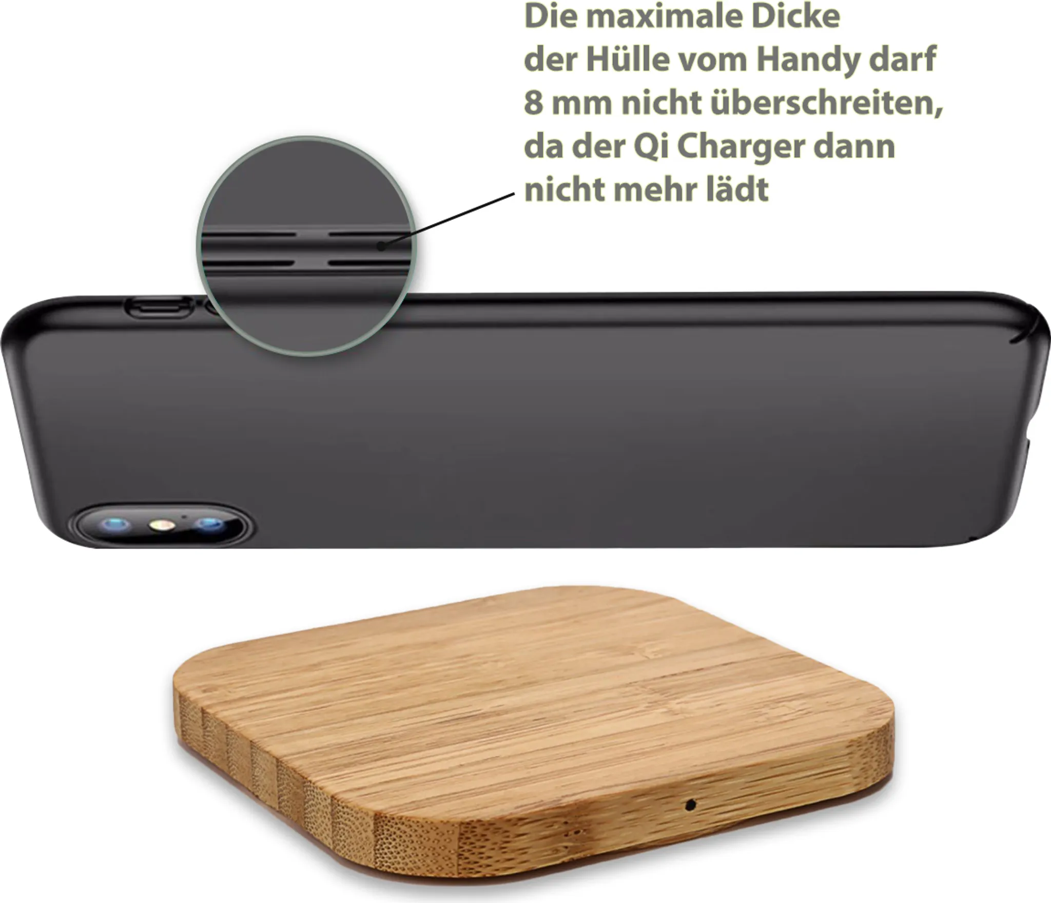 Schwarze Handyhülle und Holz-Qi-Ladegerät