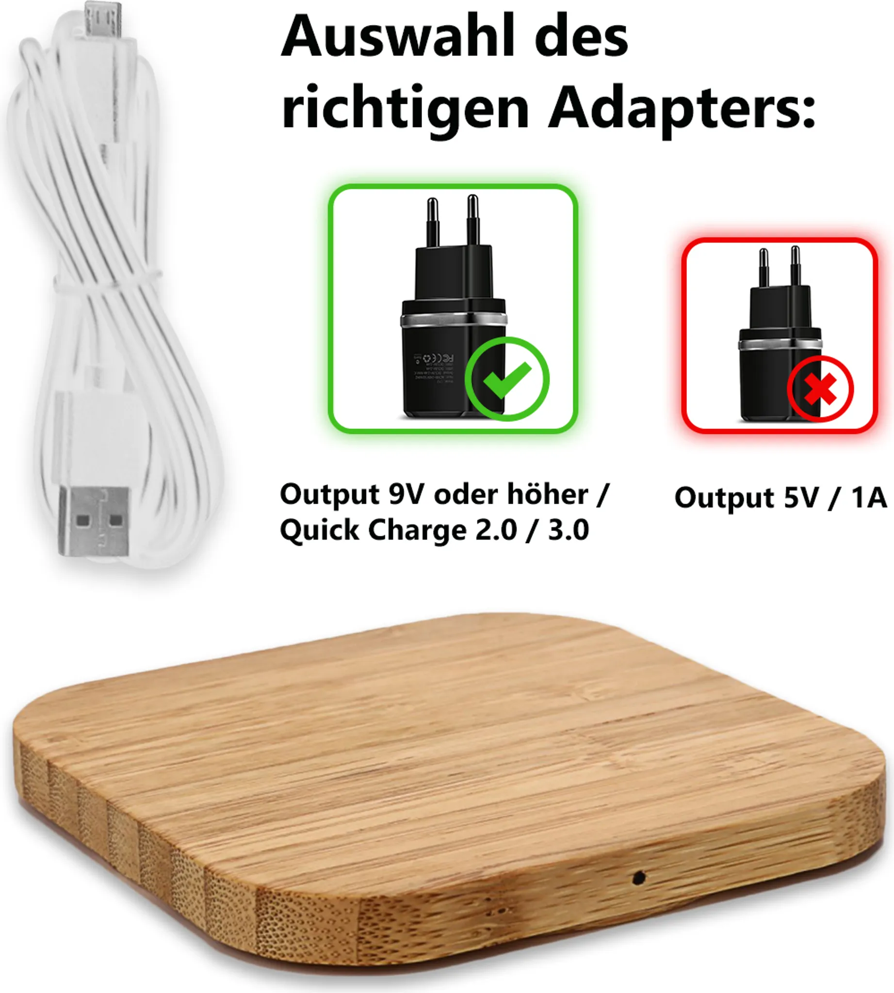 Weißes USB-Kabel, Netzteil mit Haken (9V+), Netzteil mit Kreuz (5V).