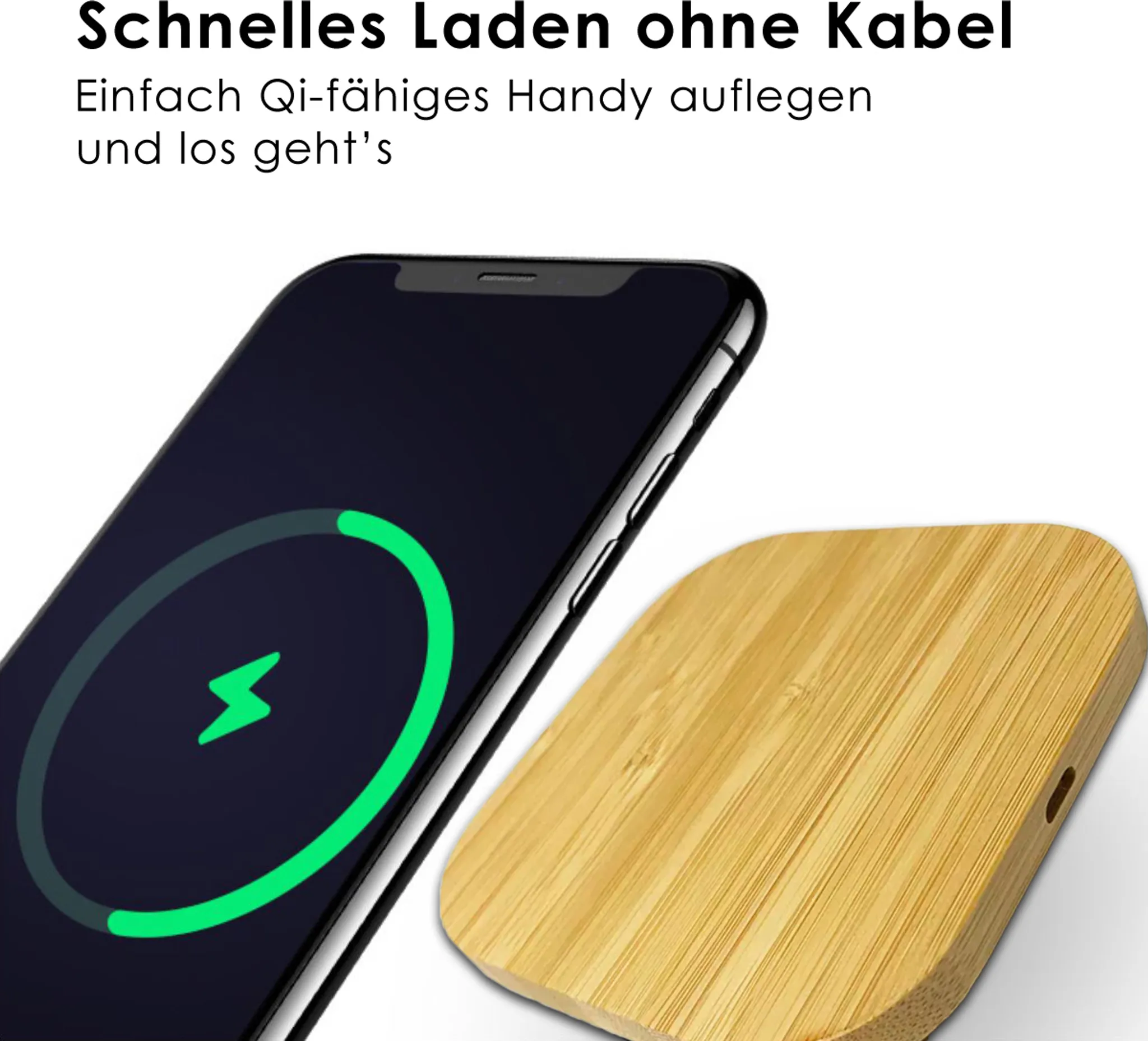 Ein Smartphone mit Ladeanzeige liegt neben einem Holzladeblock.