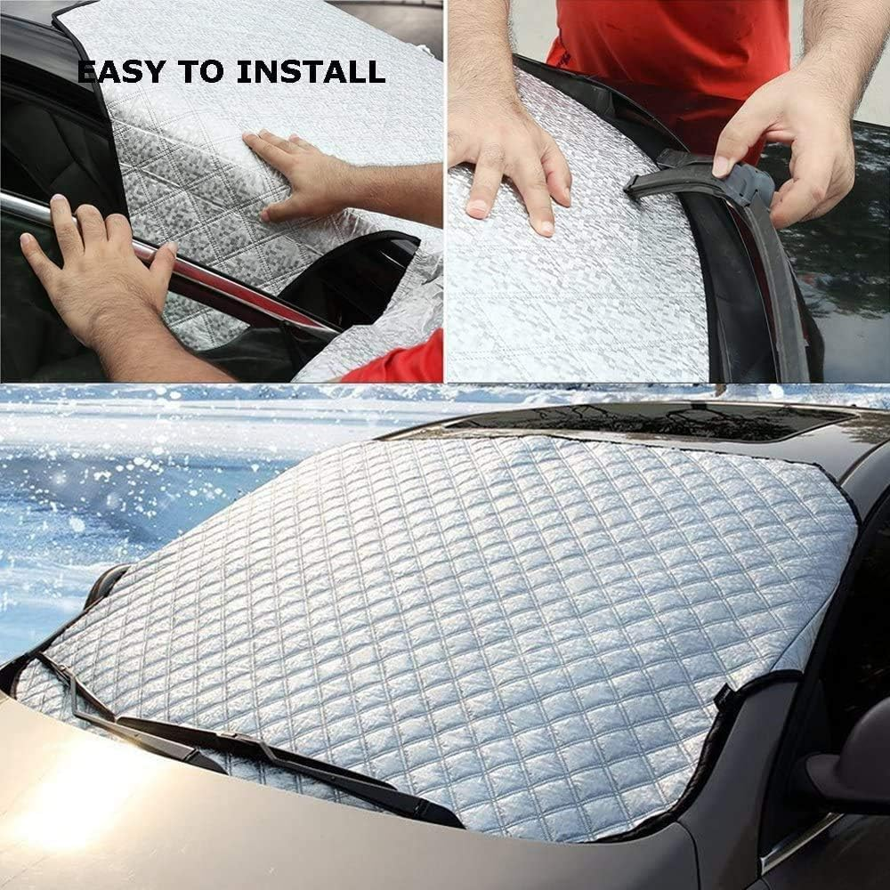 Silberne Windschutzscheibenabdeckung wird auf ein Auto montiert. Einfache Installation.