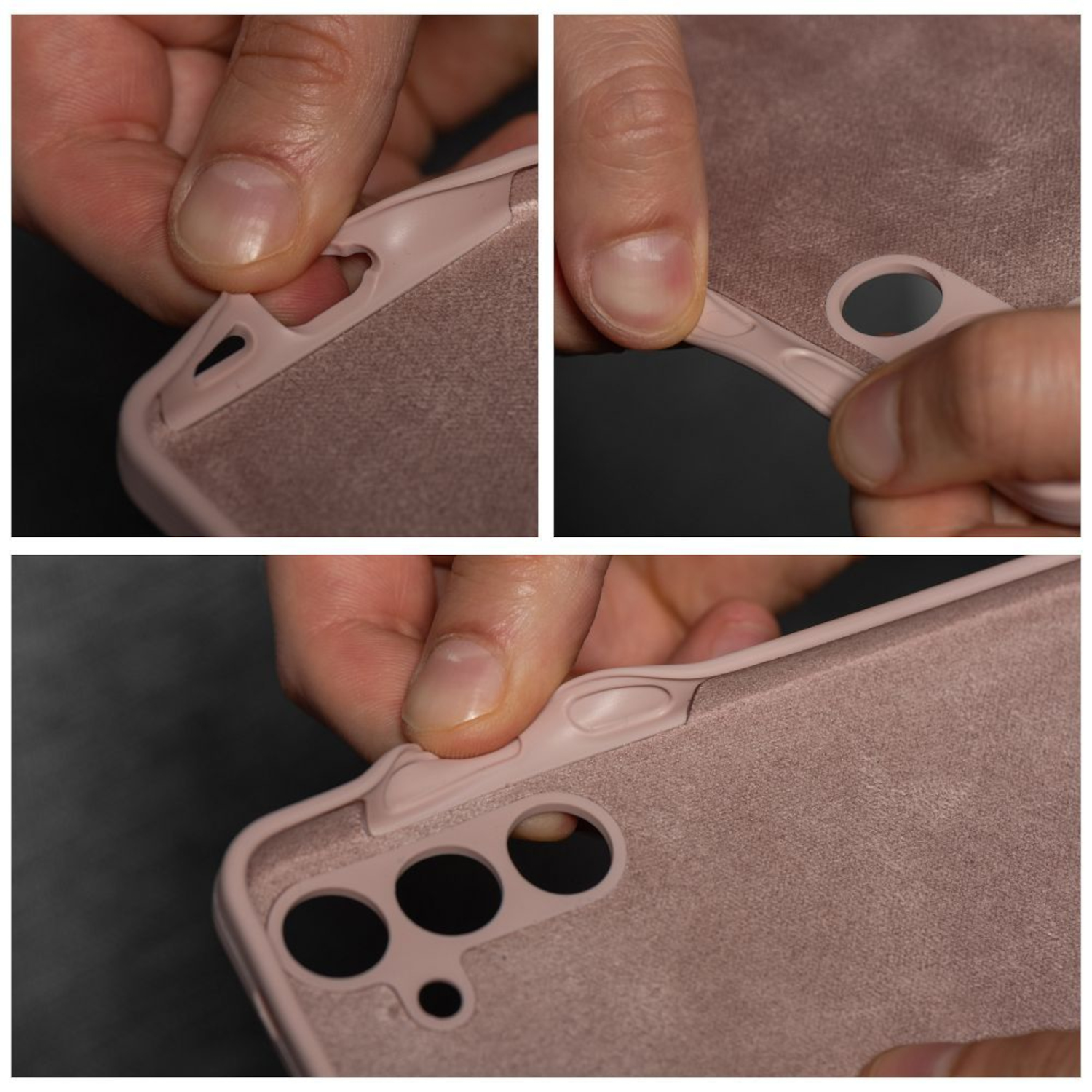 Hände biegen ein staubiges rosa Handygehäuse, um seine Flexibilität zu zeigen.