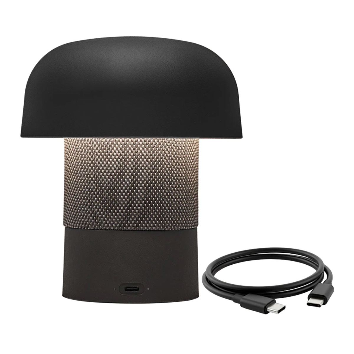 Lampada nera a forma di fungo con cavo USB-C su sfondo bianco.