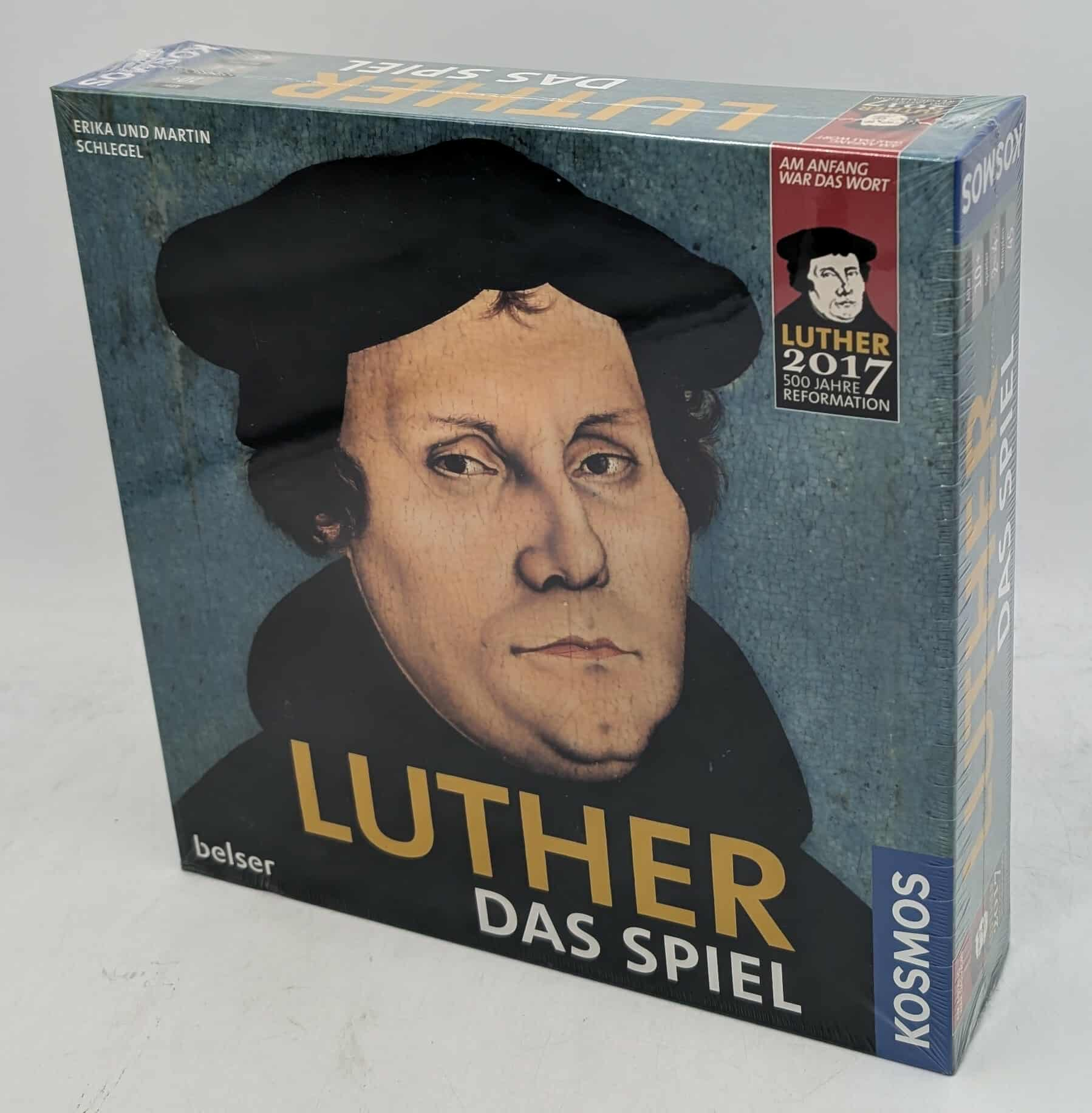 Brettspielbox mit Martin Luther Porträt, "Luther Das Spiel" und "500 Jahre Reformation".