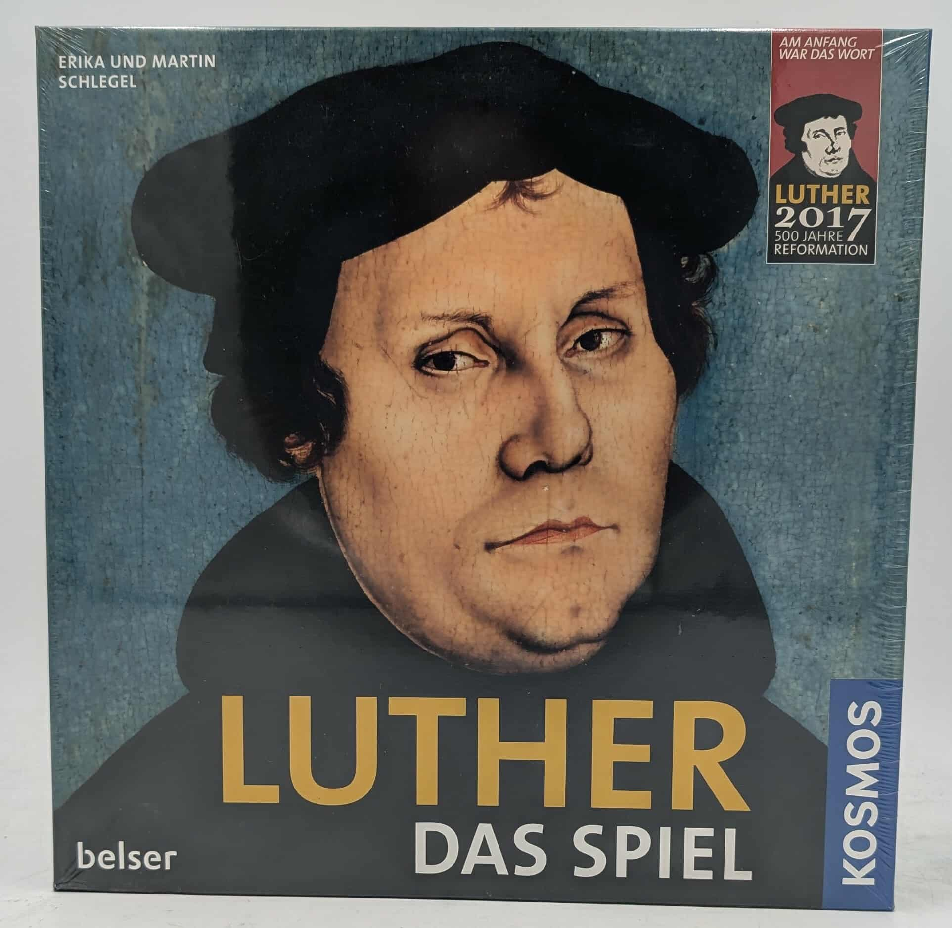 Brettspiel "Luther Das Spiel" mit Porträt von Martin Luther und Text zur Reformation.