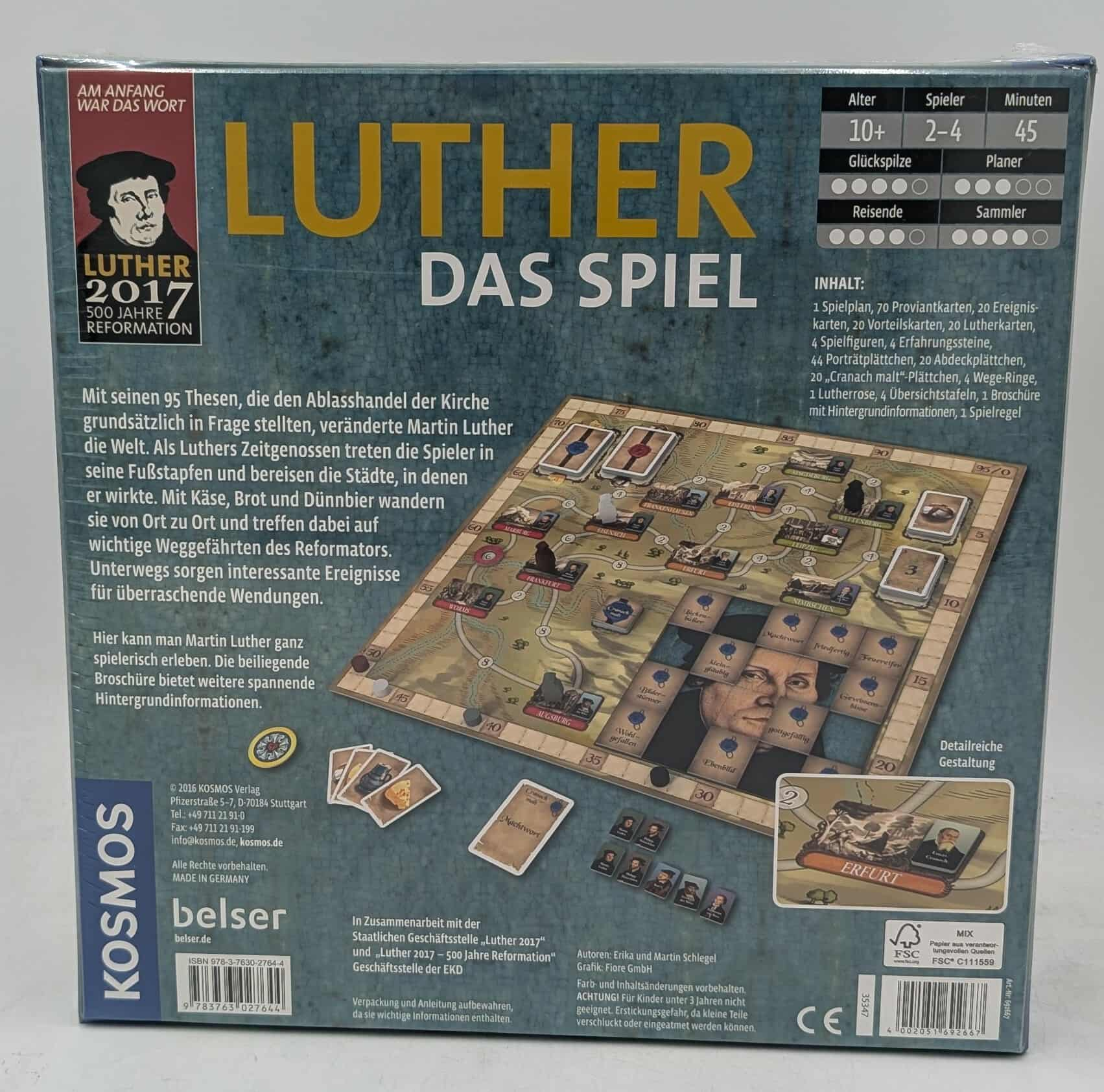 Brettspielbox mit Martin Luther, Spielbrett und Inhaltsübersicht.