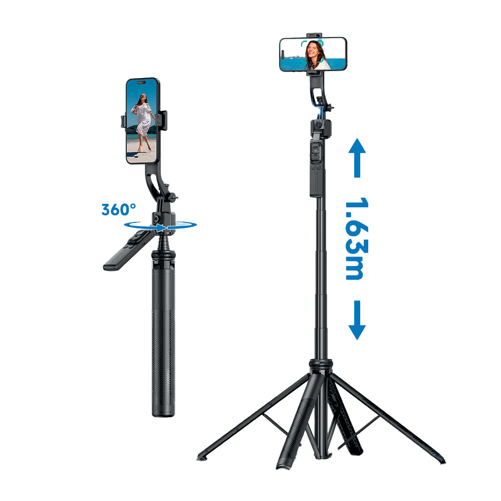 İki akıllı telefonlu siyah selfie çubuğu tripod, biri 360 derece dönebilir.