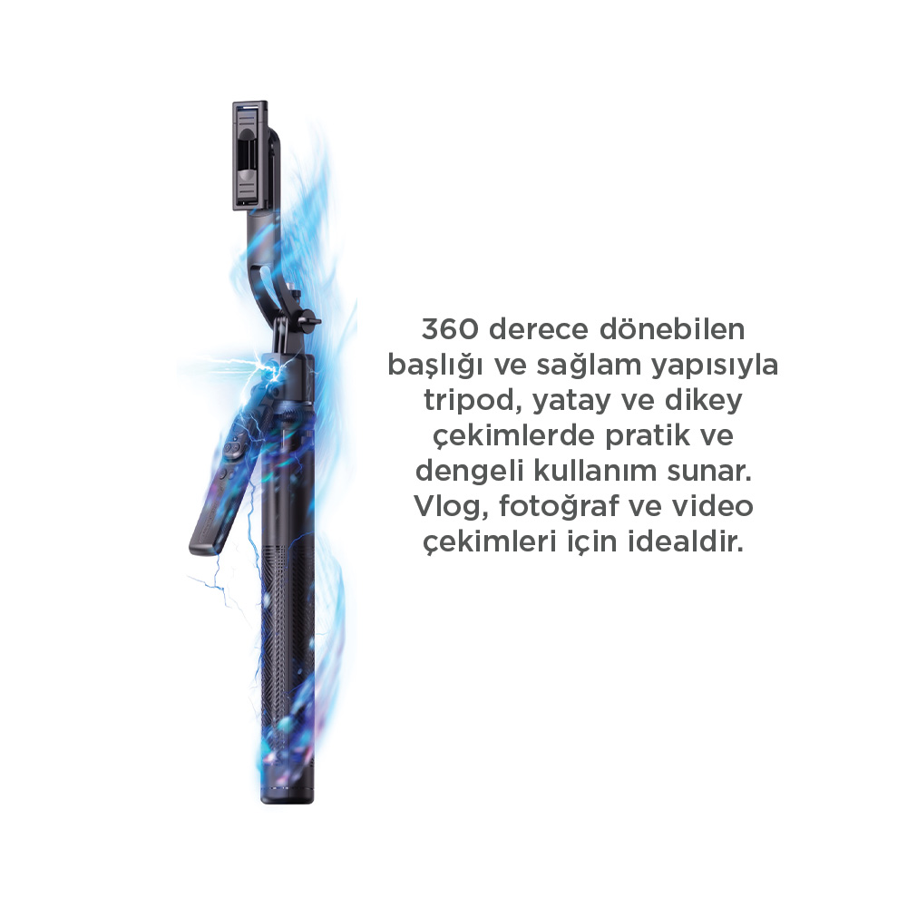 Mavi ışık efektli siyah gimbal, fotoğrafçılık için idealdir.