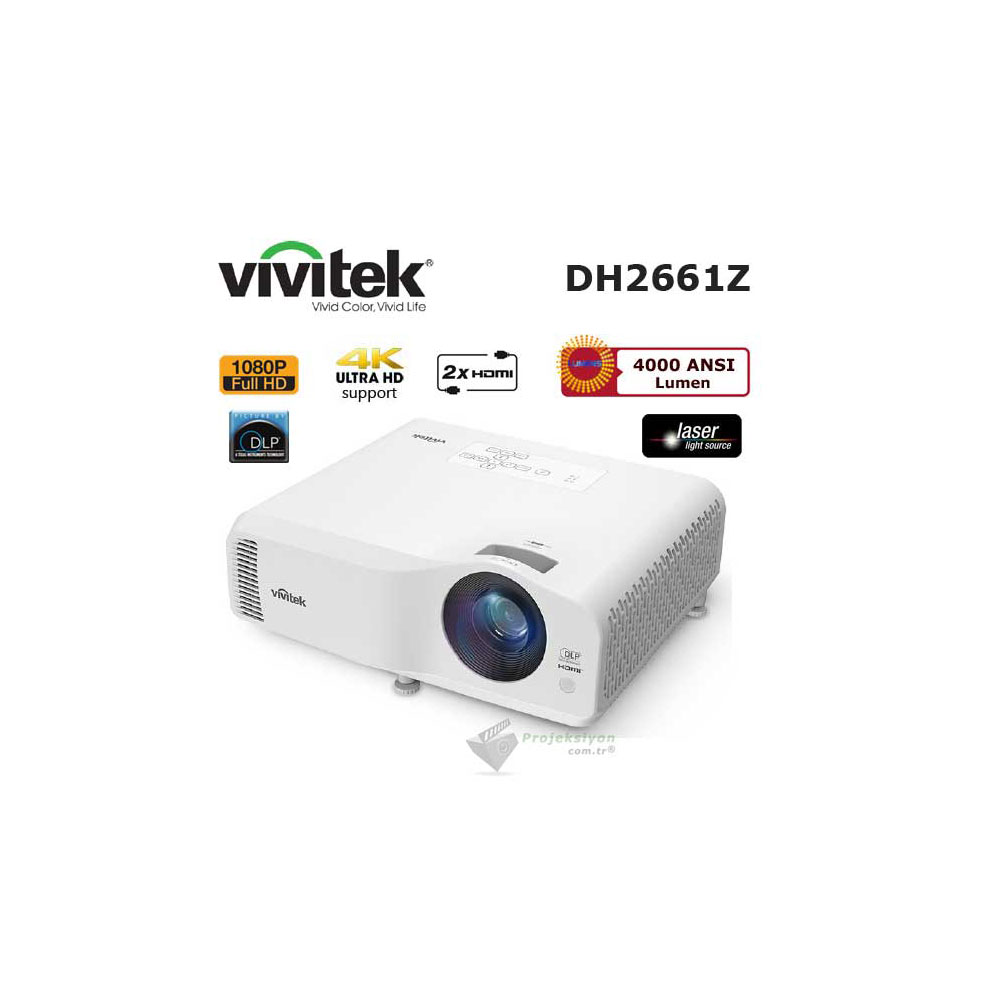 4000 ANSI Lümen, 4K Ultra HD, 1080p, 2x HDMI özellikli beyaz Vivitek DH2661Z projektör.