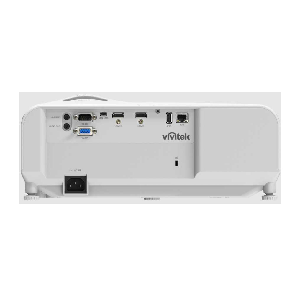 Beyaz Vivitek projektörün arkası: Ses Girişi/Çıkışı, VGA, Mini-USB, 2x HDMI, USB, RJ45, AC güç girişi.