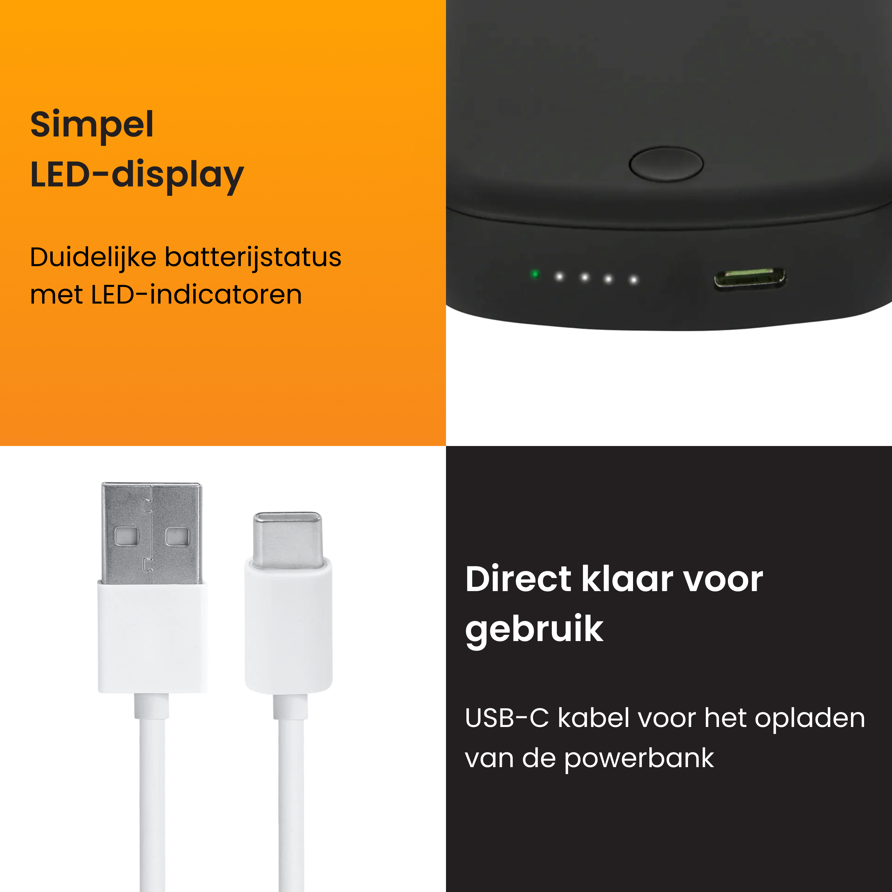 Une power bank noire avec indicateurs LED et câble USB-C.