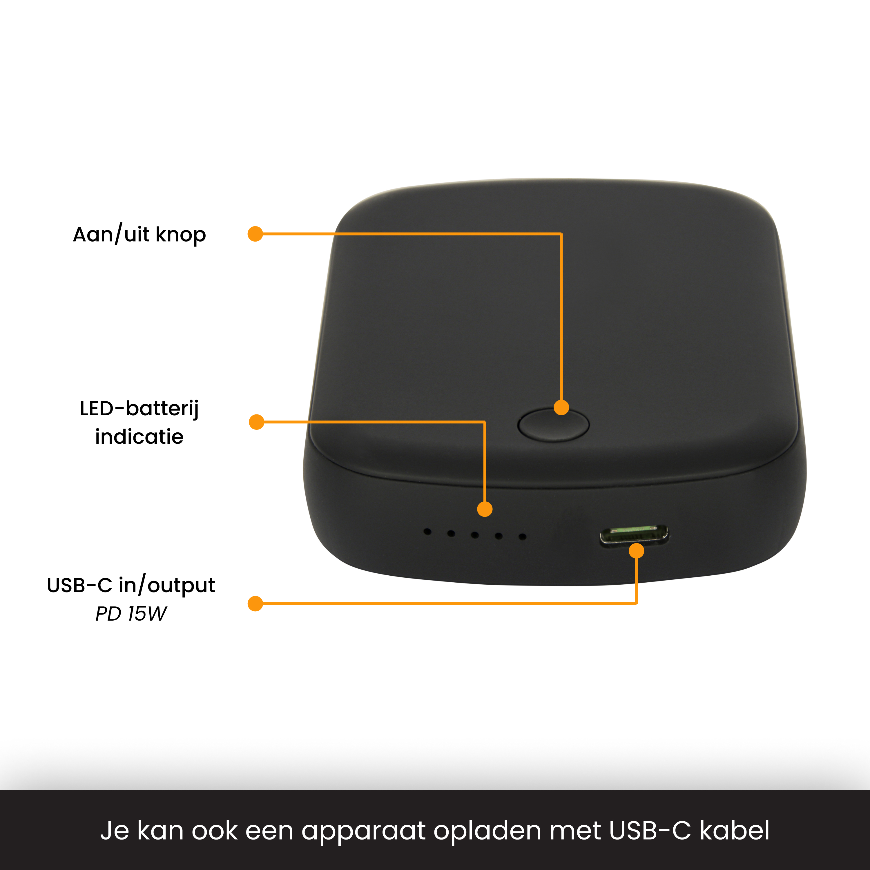 Batterie externe noire avec port USB-C, bouton marche/arrêt et indicateur LED.