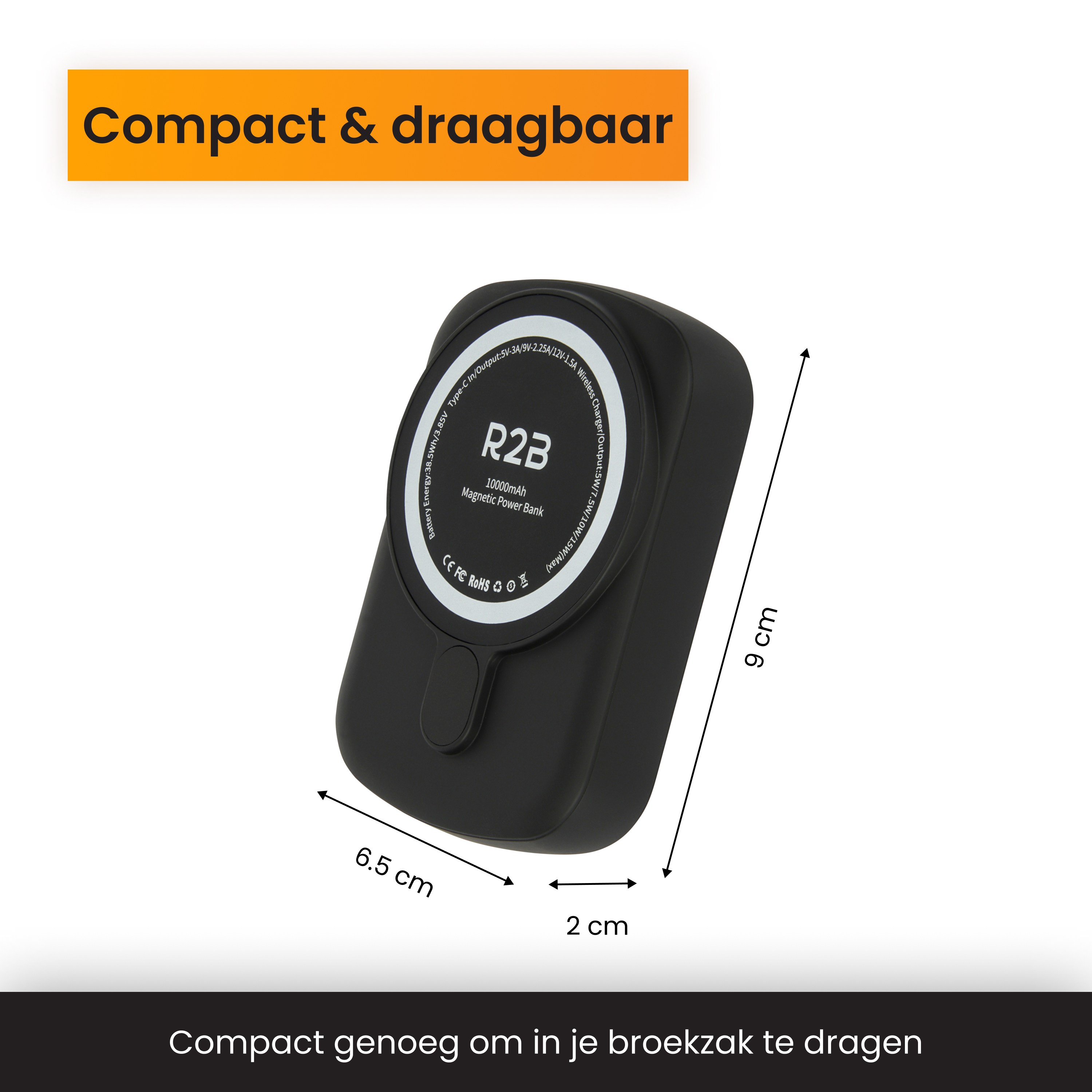 Batterie externe R2B noire 10000mAh, 6.5x9x2cm, magnétique, compacte.