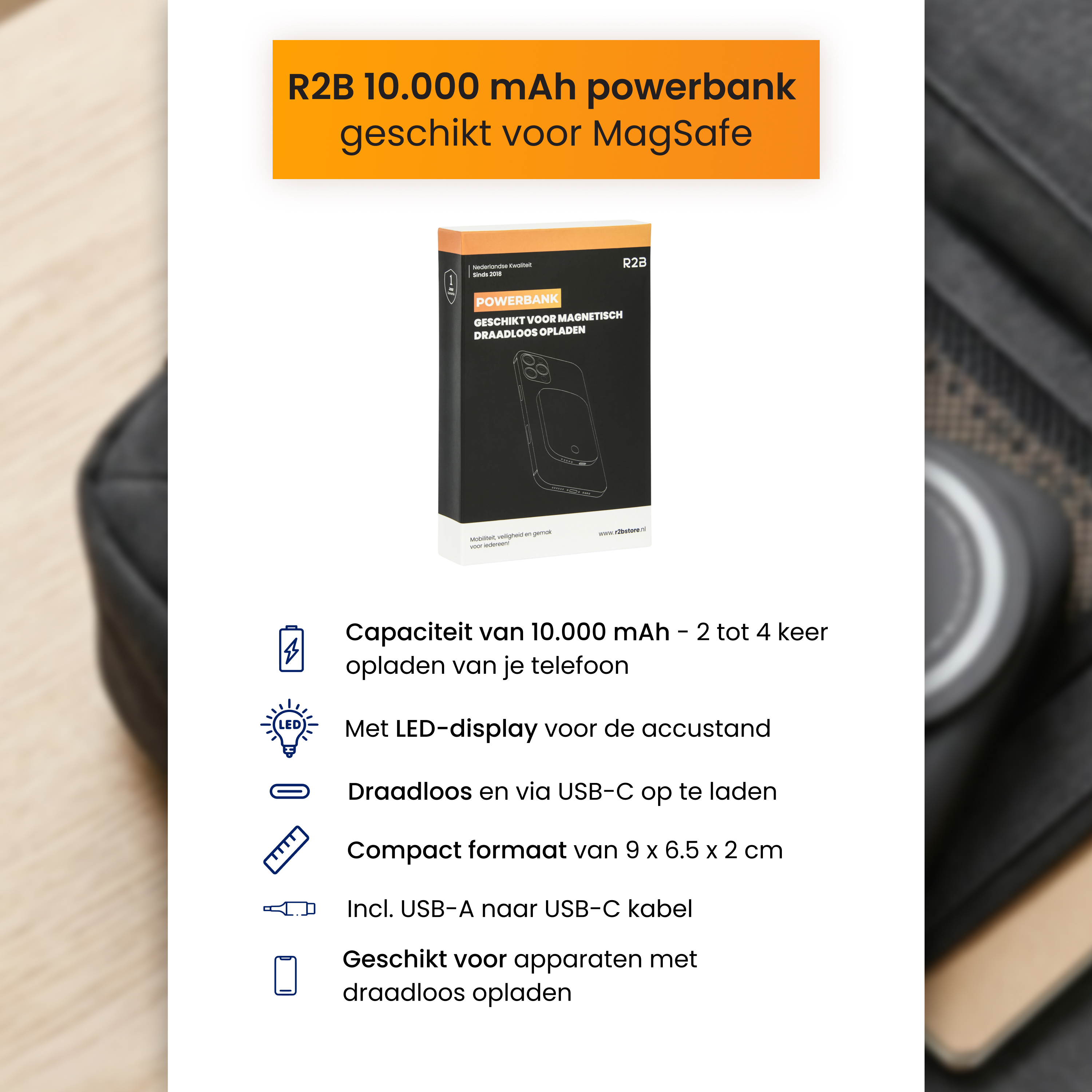 R2B 10.000 mAh Powerbank mit LED-Display für MagSafe, lädt bis zu 4x.