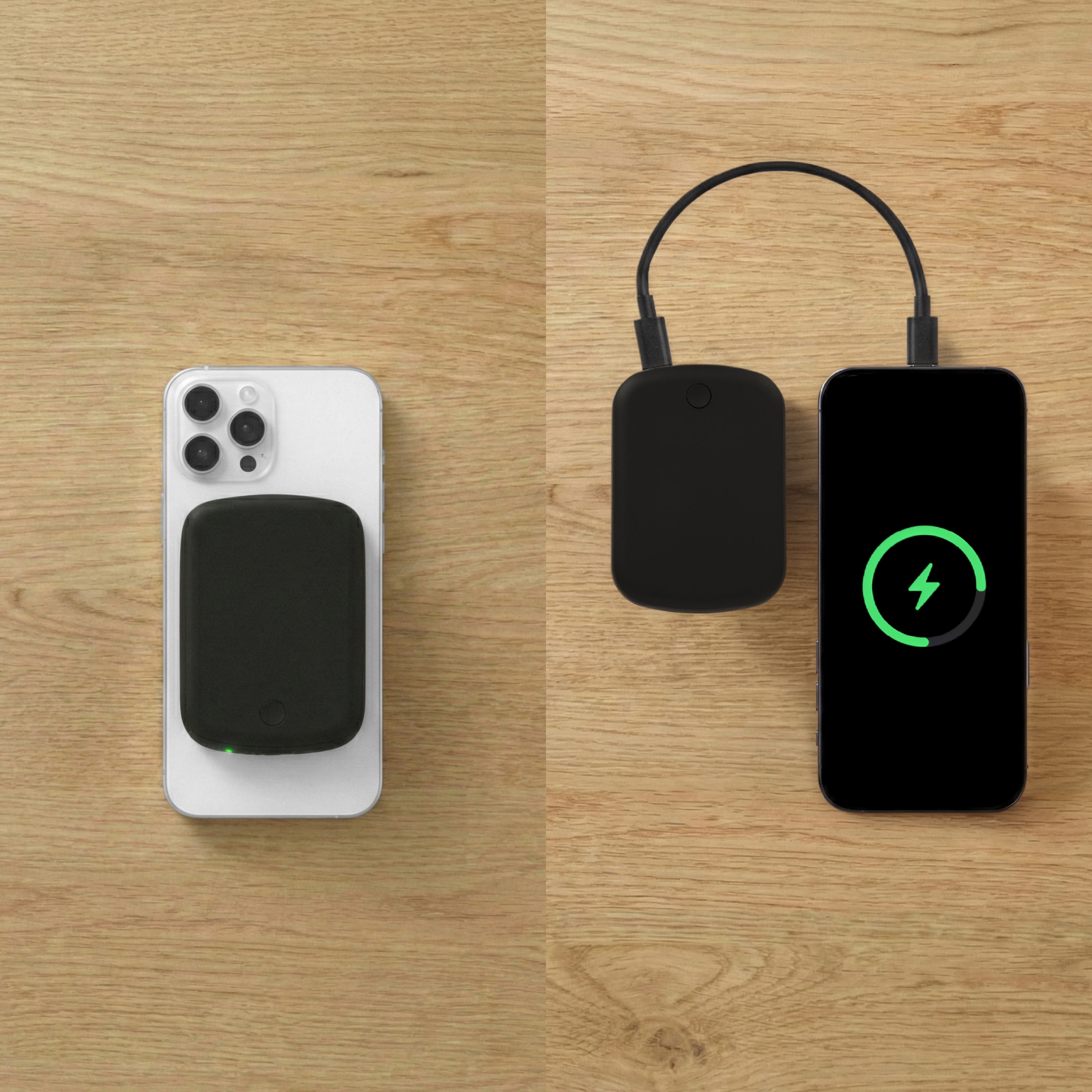 Un iPhone blanc avec batterie noire, et un iPhone noir avec icône de charge.