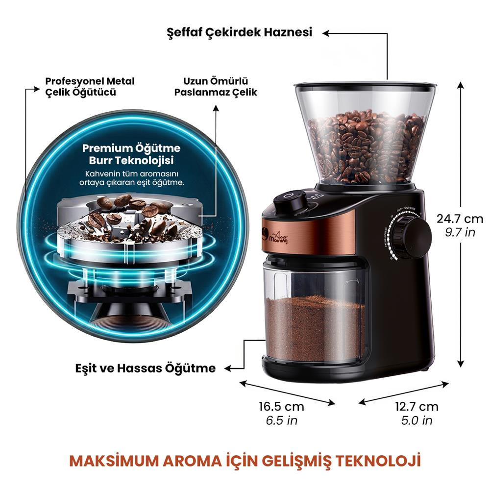 Şeffaf hazne ve metal öğütücülü kahve öğütücü.