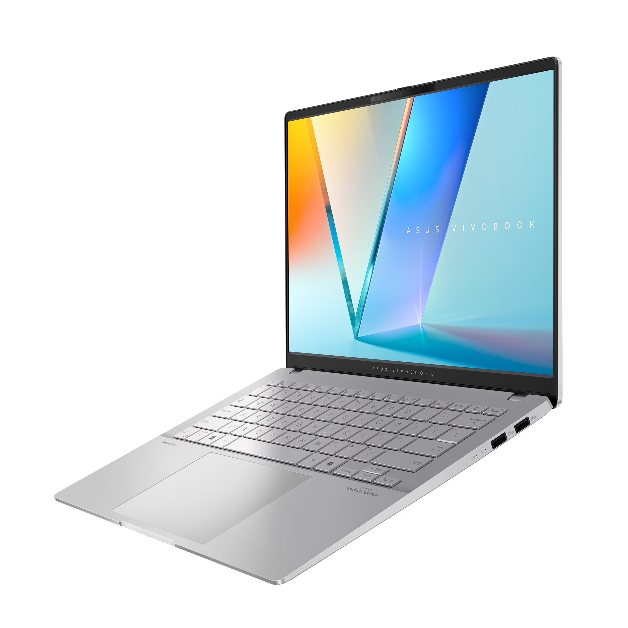 Un laptop argentato aperto con schermo che mostra un motivo astratto, sfondo bianco.