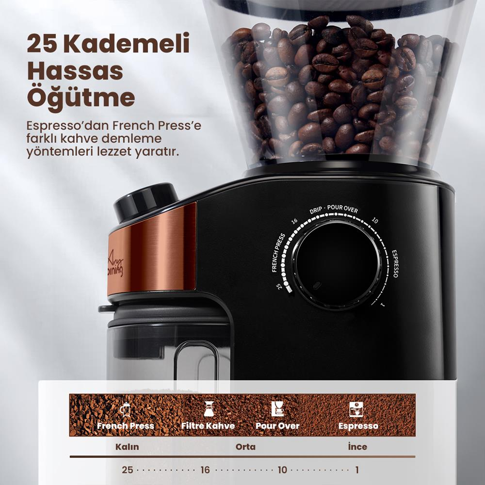Kahve öğütücü, çekirdek haznesi, öğütme ayar kadranı ve kahve numuneleri.