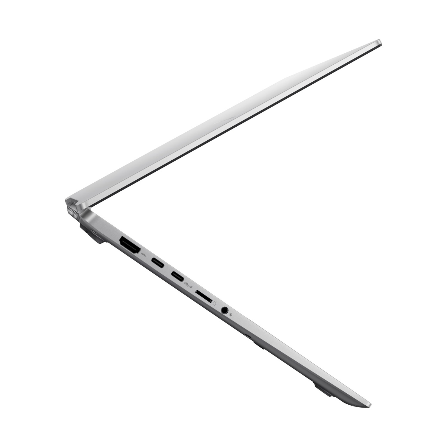 Un laptop argentato con lo schermo aperto, che mostra le porte sul lato.