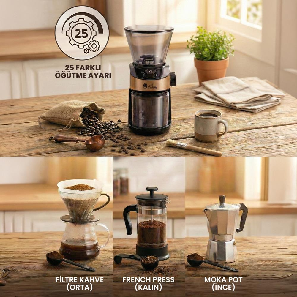 Kahve öğütücü, çekirdekler, filtre kahve, French press, moka pot.