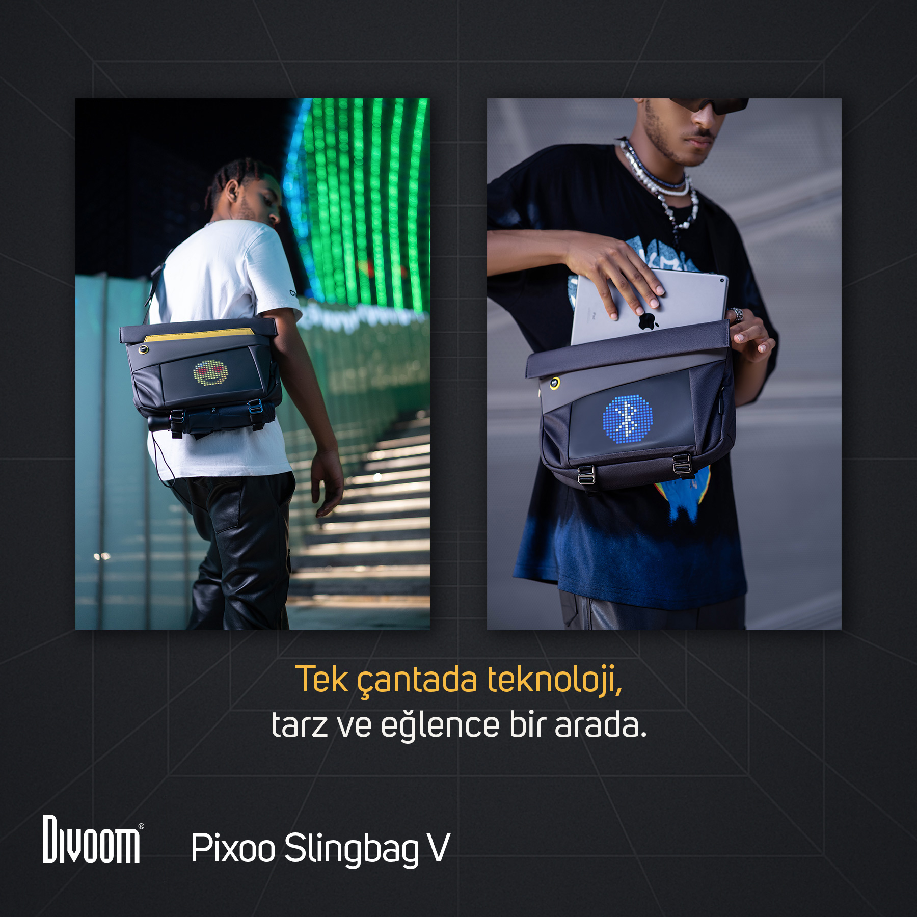 Divoom Pixoo Slingbag V taşıyan iki erkek. Biri beyaz tişörtlü, diğeri tablet tutan siyah tişörtlü.