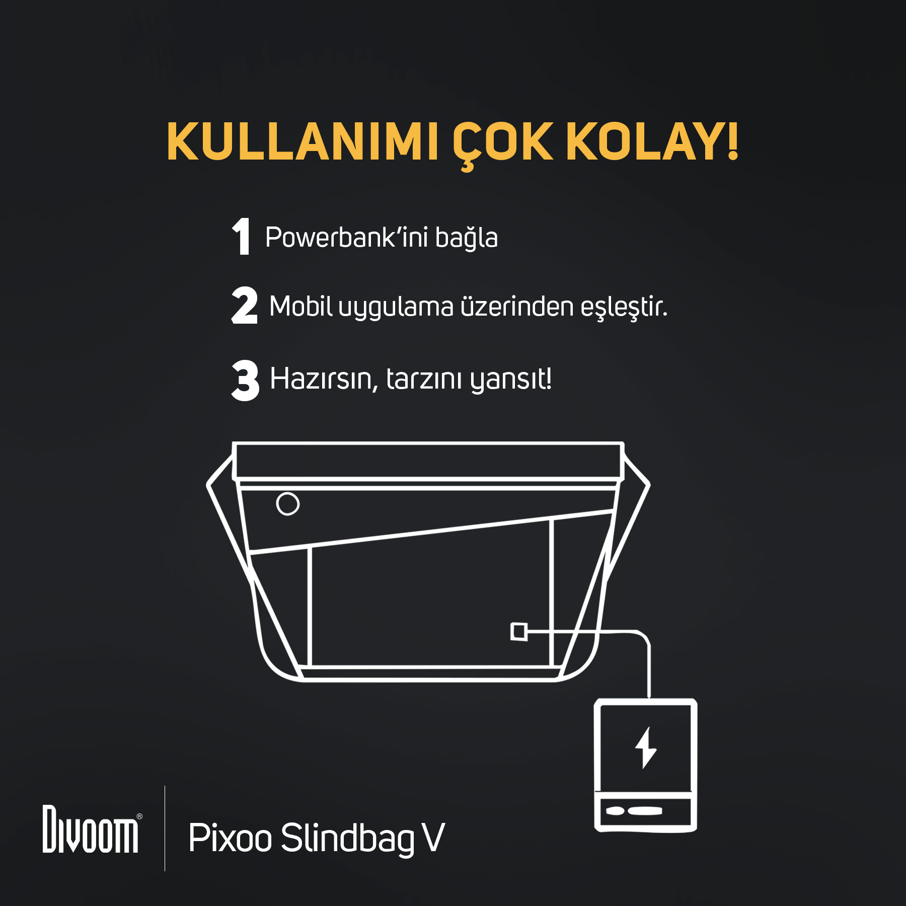Talimatlar: Powerbank'ı bağla, uygulamayı eşleştir, tarzını göster. Divoom Pixoo.