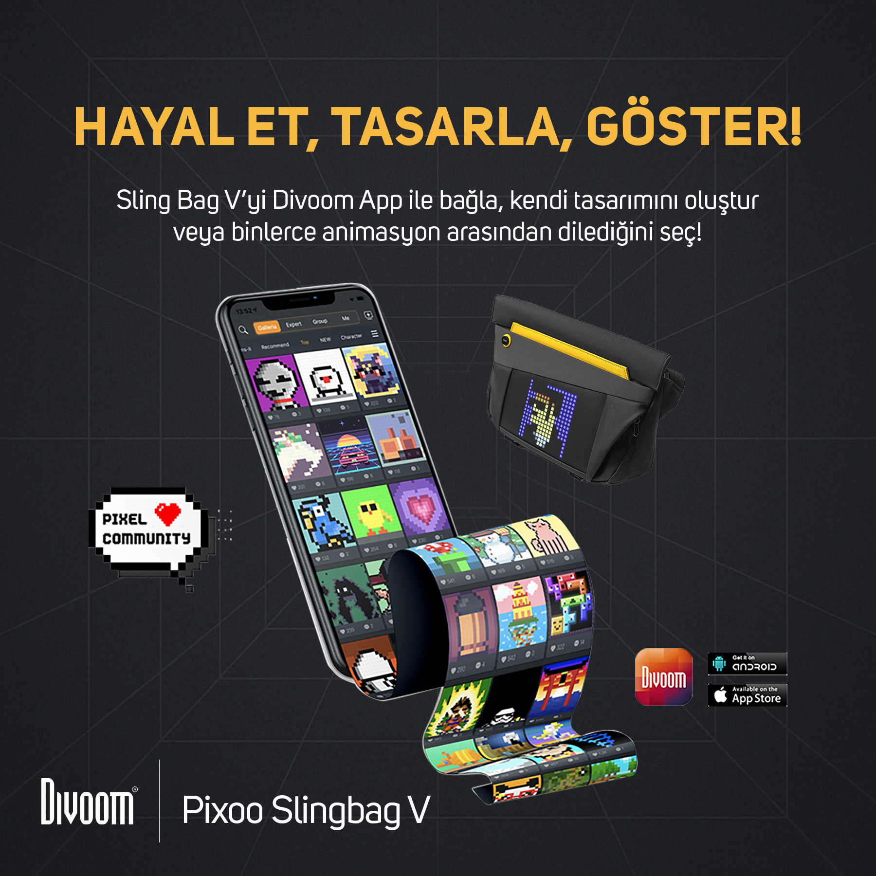 Akıllı telefon piksel tasarımları gösteriyor, yanında LED ekranlı omuz çantası var.
