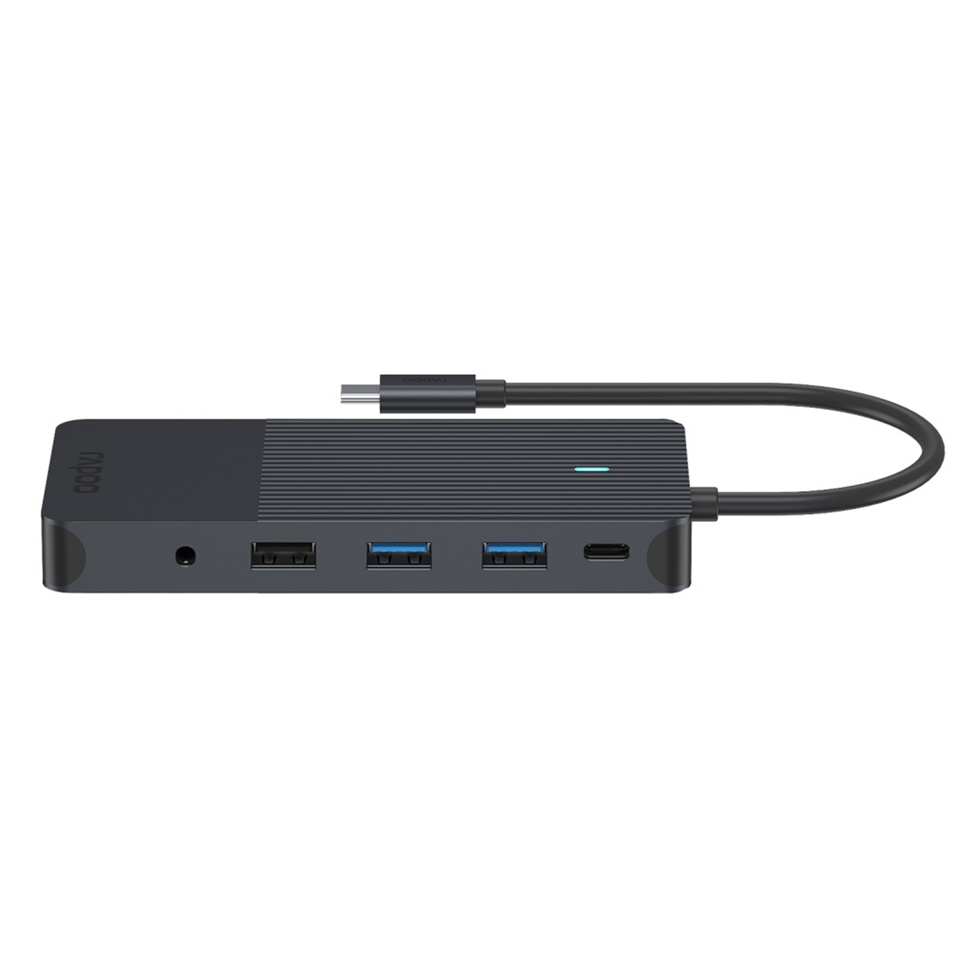 Schwarzer USB-C-Hub mit mehreren Anschlüssen, darunter USB-A und USB-C.