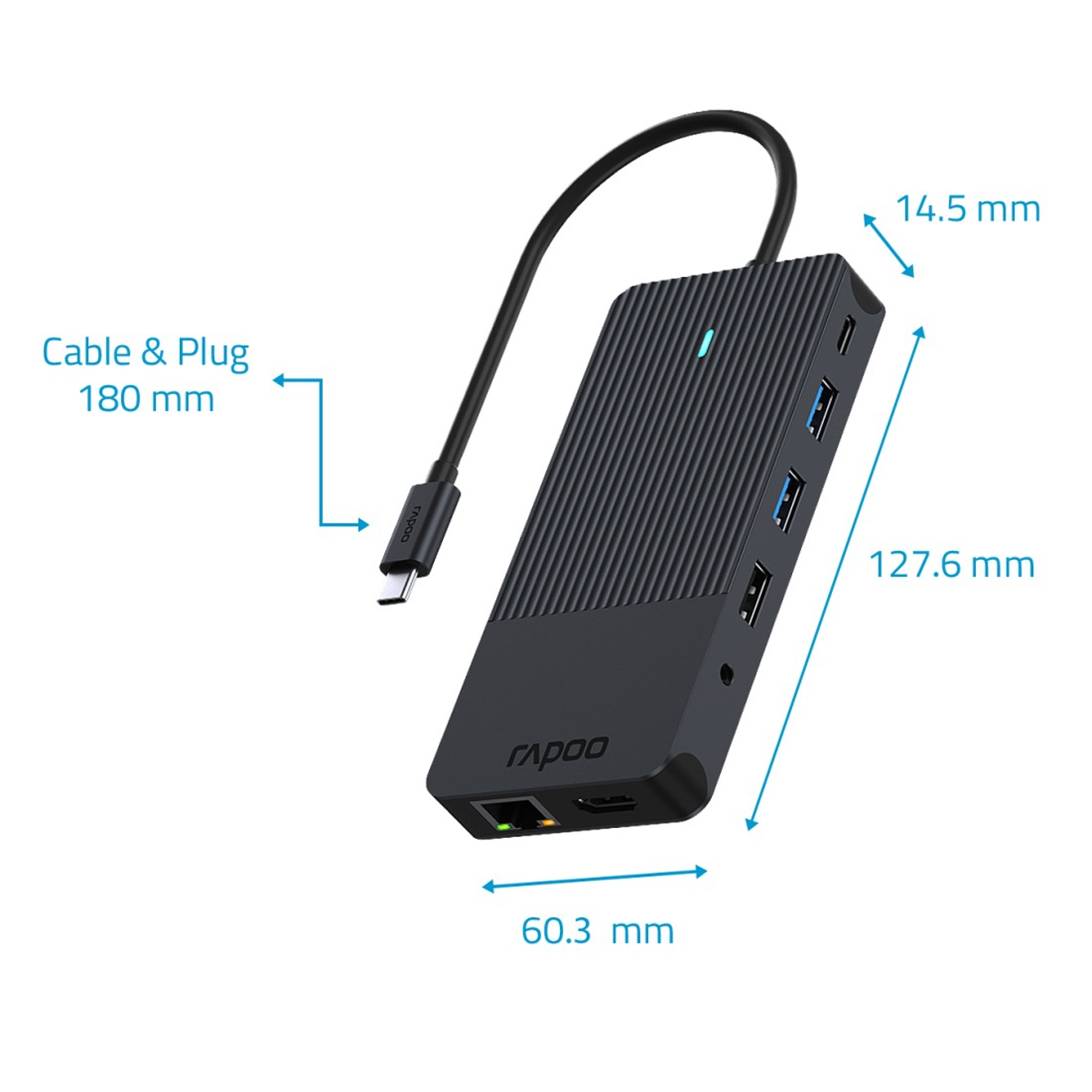 Schwarzer USB-C-Hub mit Anschlüssen und Maßen.