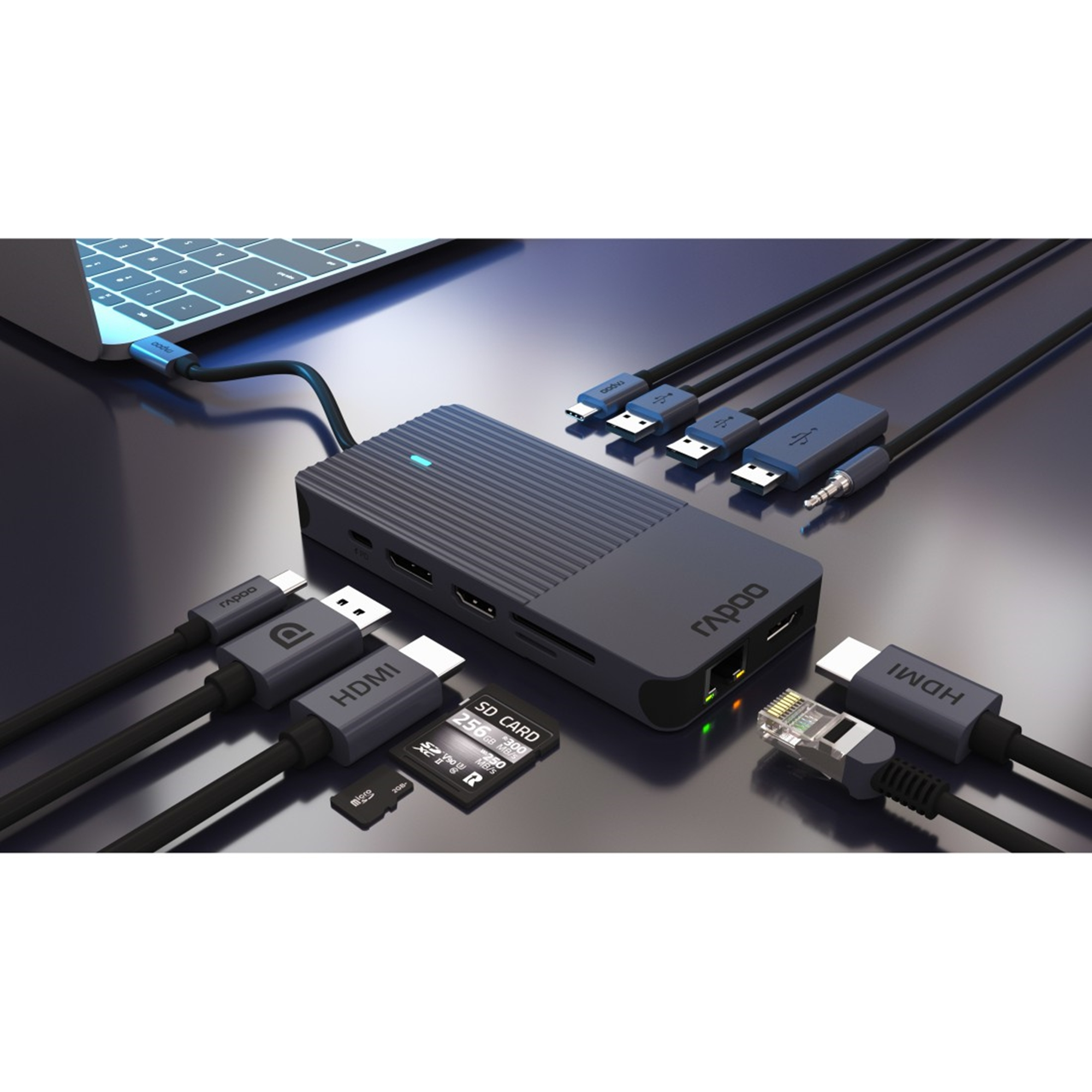 Ein grauer USB-C-Hub mit Laptop, SD-Karten, HDMI- und Ethernet-Kabeln.