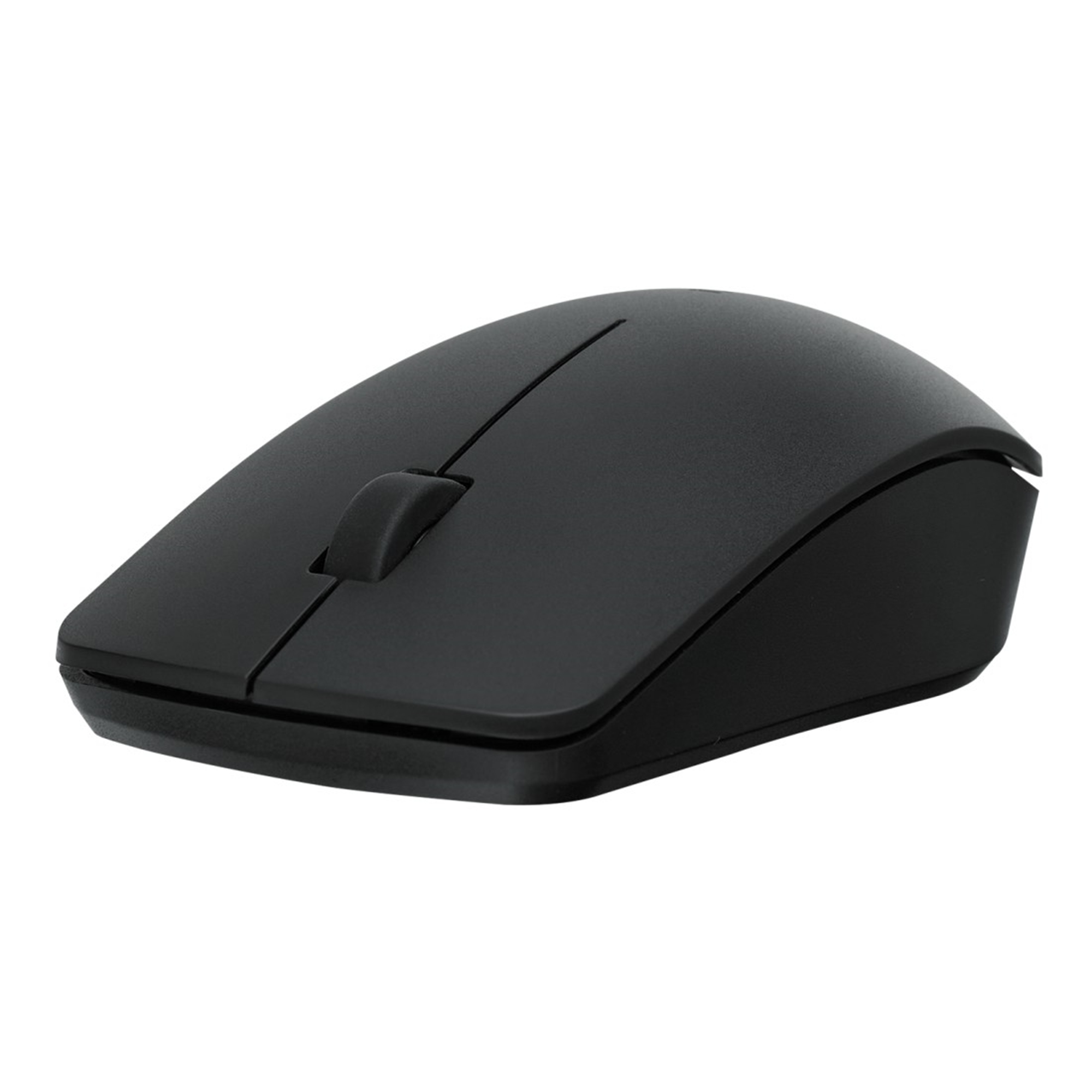 Un mouse per computer nero con rotellina di scorrimento su sfondo bianco.