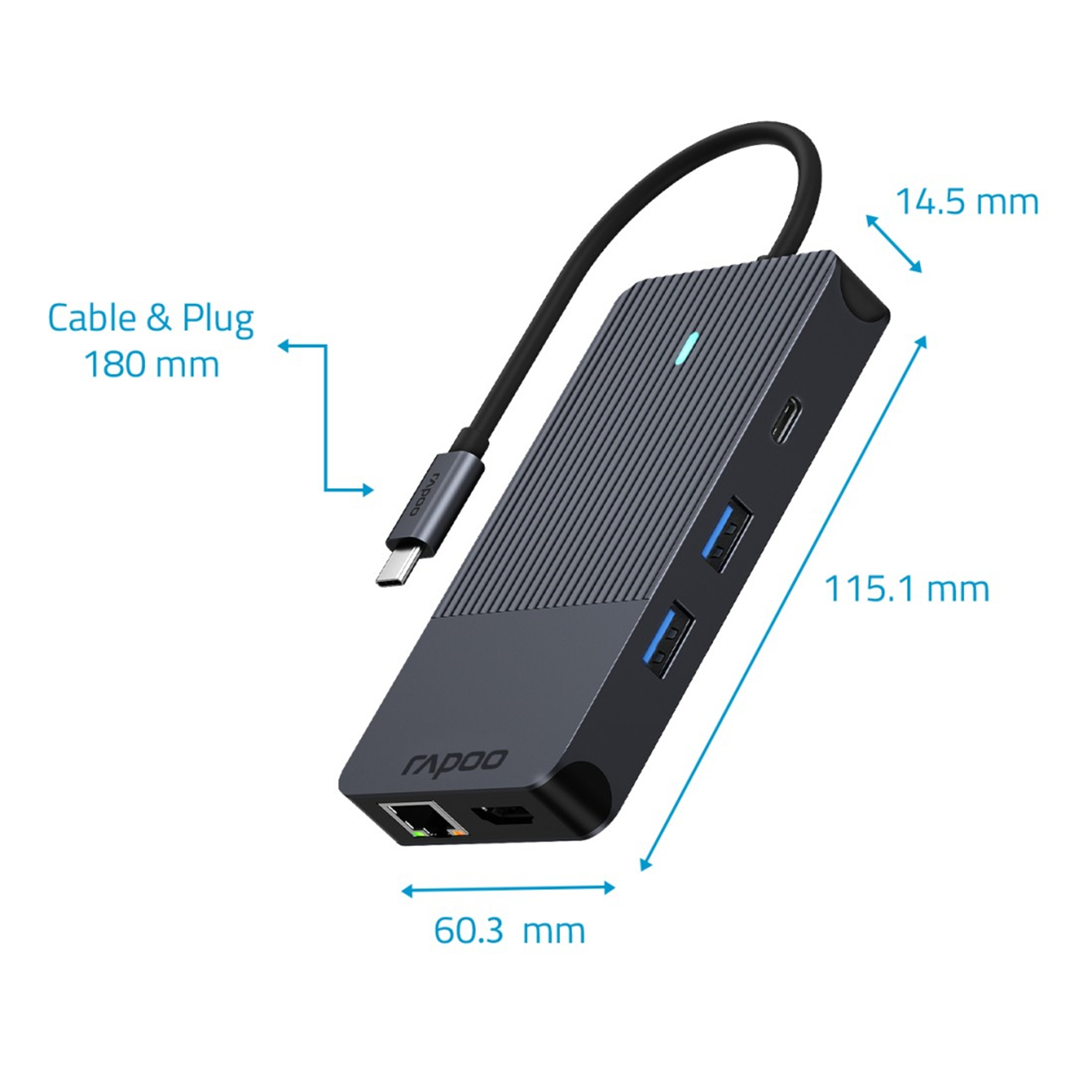 Hub USB-C gris con puertos, dimensiones y un cable.