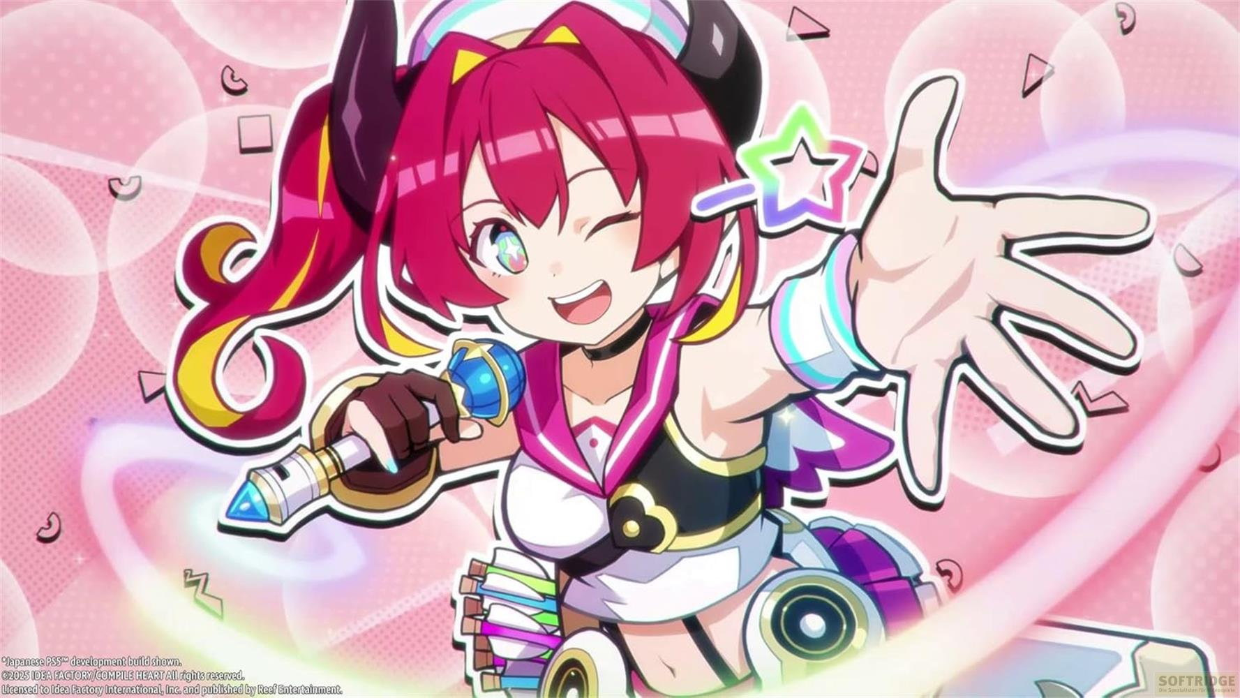 Ragazza anime con capelli rosa tiene un microfono su sfondo rosa con stelle.