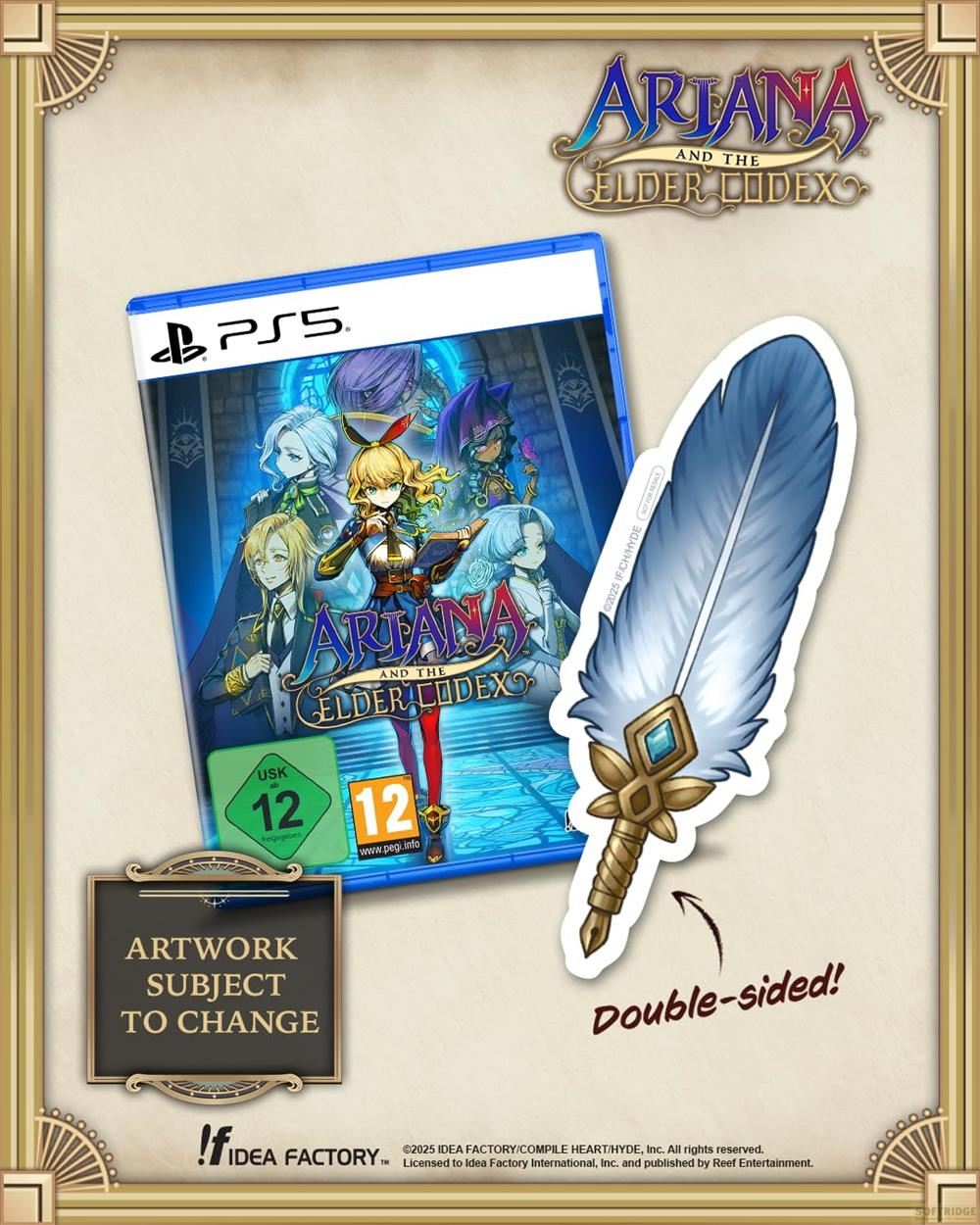 PS5 Spielcover mit Charakteren und einer Feder, mit dem Titel 'Arjana and the Elder Codex'.