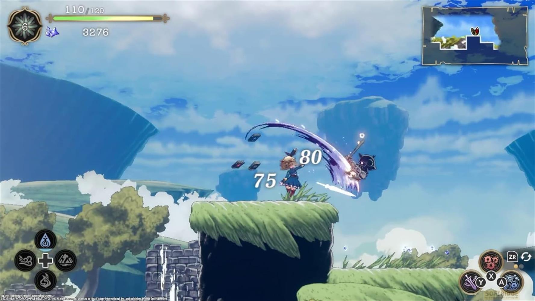 Personaggi anime combattono su piattaforme fluttuanti sotto un cielo blu.