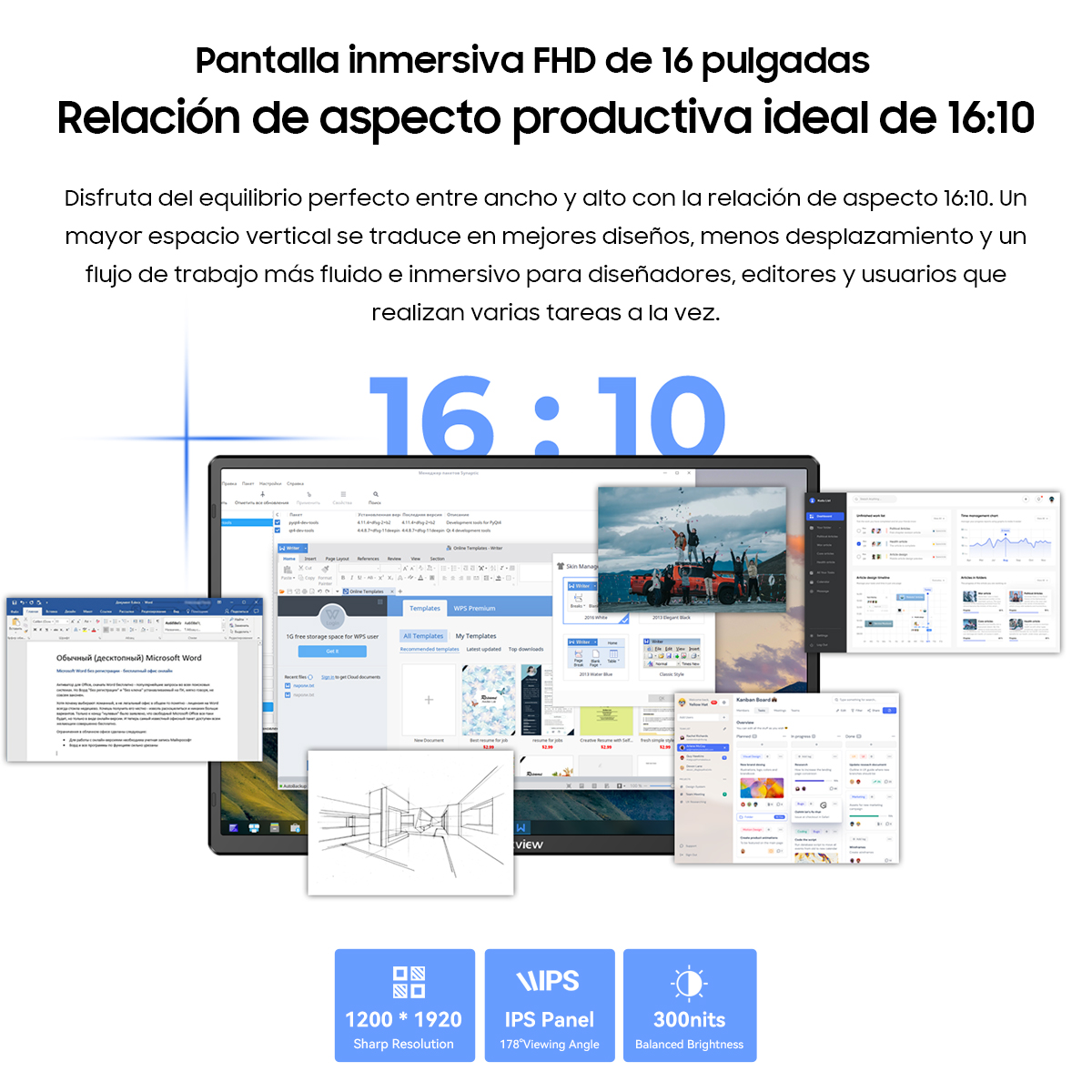 Un monitor con relación de aspecto 16:10 muestra varias ventanas abiertas.
