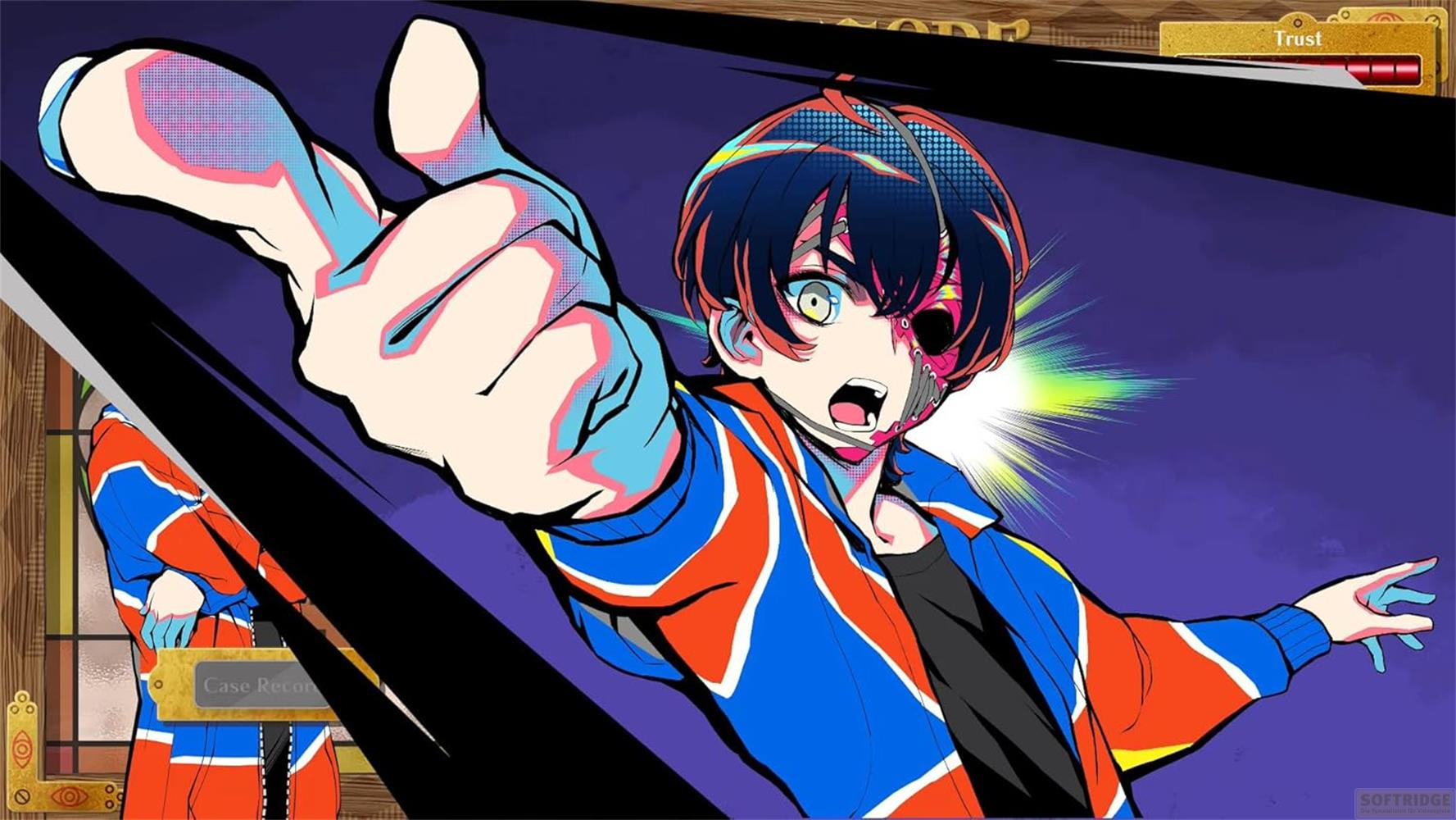 Anime-Figur mit offenem Mund, bunter Jacke und mechanischer Gesichtshälfte.