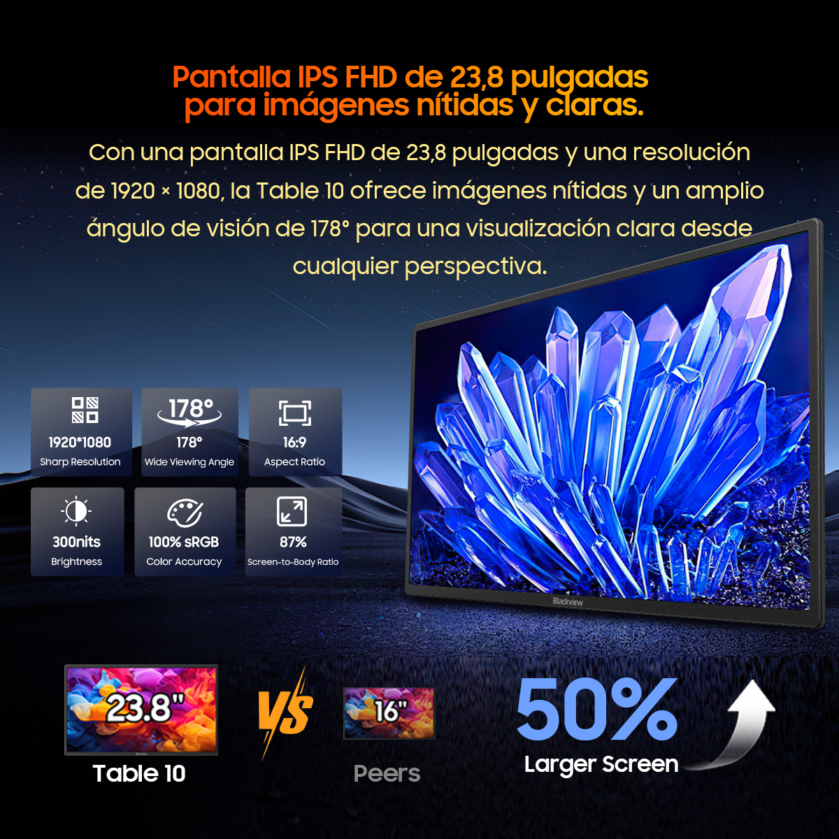 Monitor de 23,8 pulgadas con pantalla IPS FHD, resolución 1920x1080 y ángulo de visión de 178°.