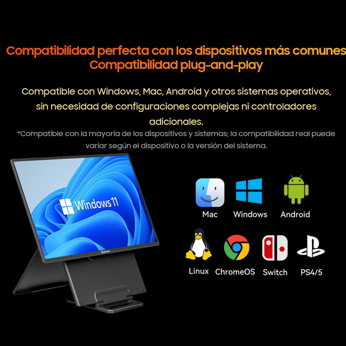 Un portátil con Windows 11 y logos de Mac, Windows, Android, Linux, ChromeOS, Switch, PS4/5.