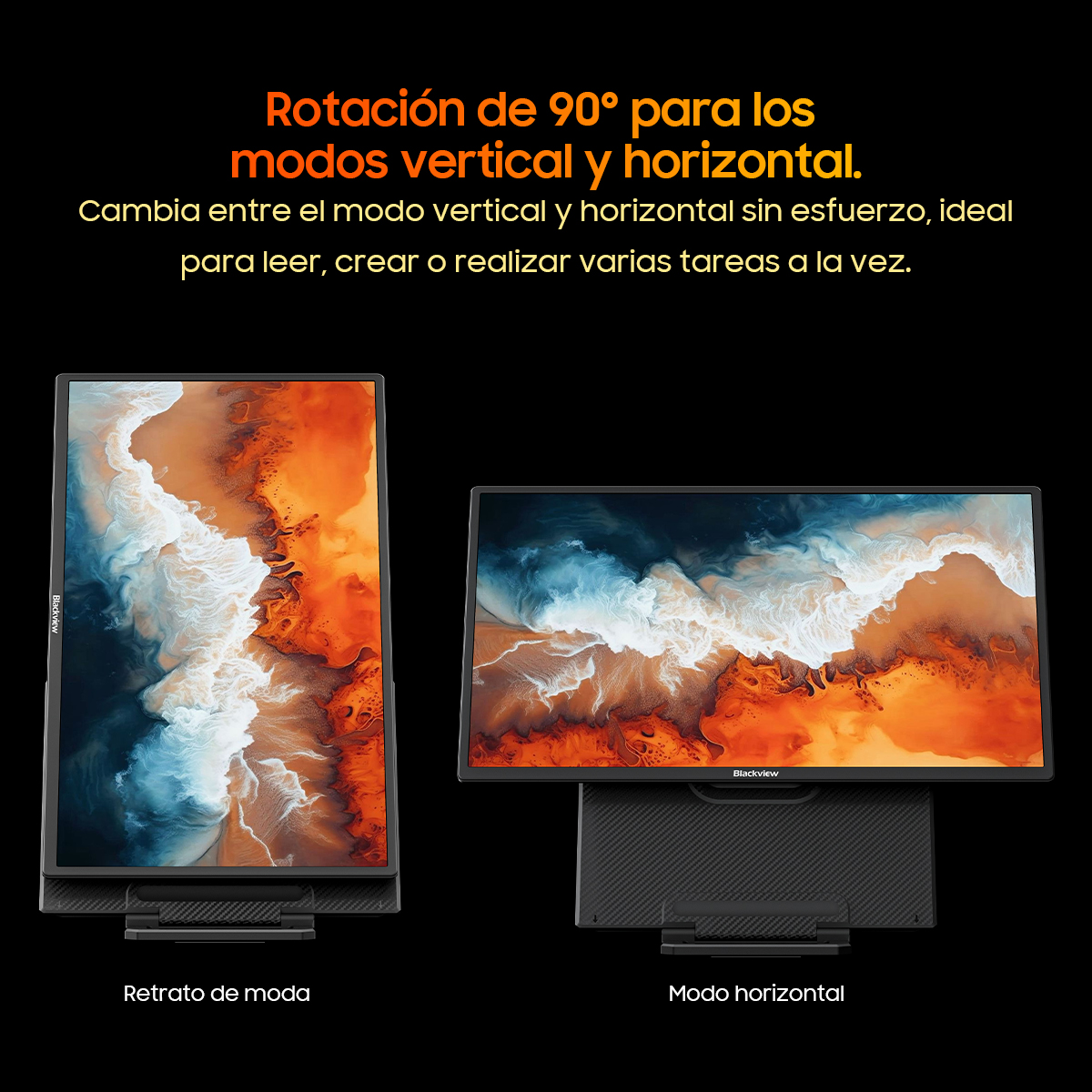 Dos monitores Blackview, uno vertical, uno horizontal, ambos muestran arte abstracto.