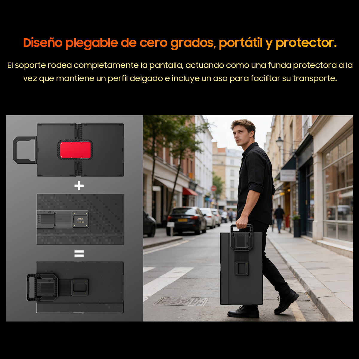 Hombre lleva un maletín plegable negro con asa por la calle.