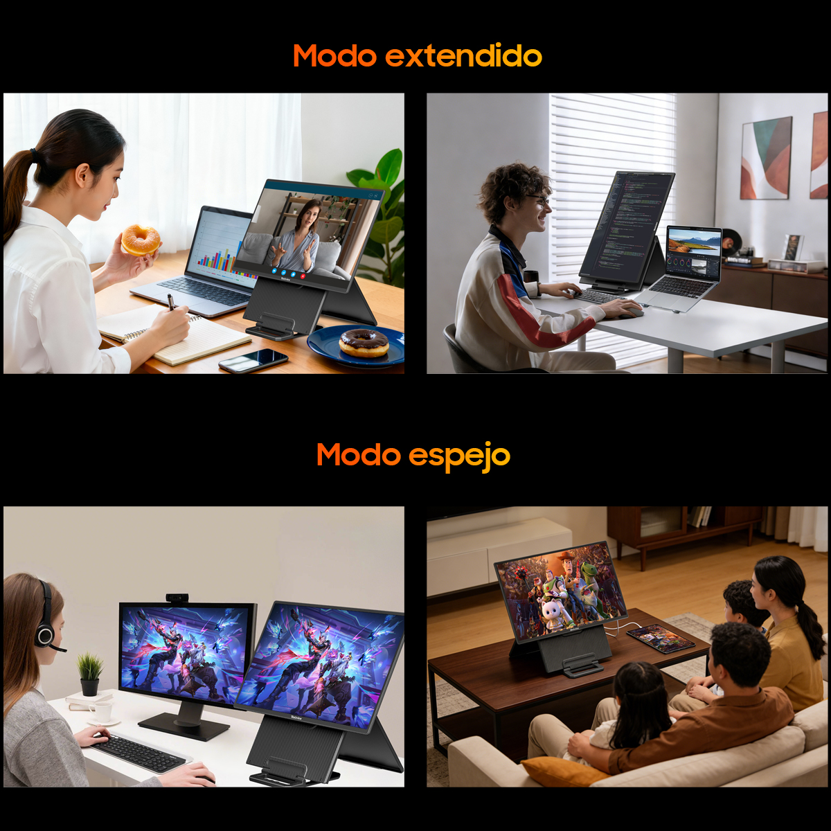 Cuatro escenas muestran portátiles y monitores en varias configuraciones.