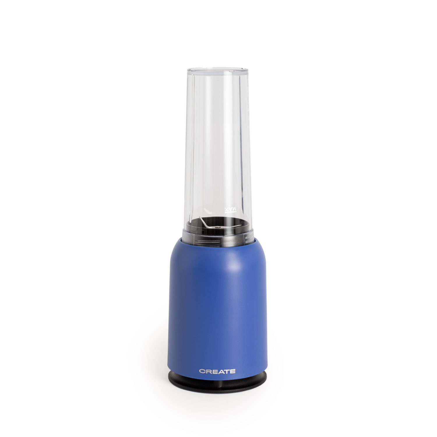 Una licuadora azul con recipiente transparente sobre fondo blanco.