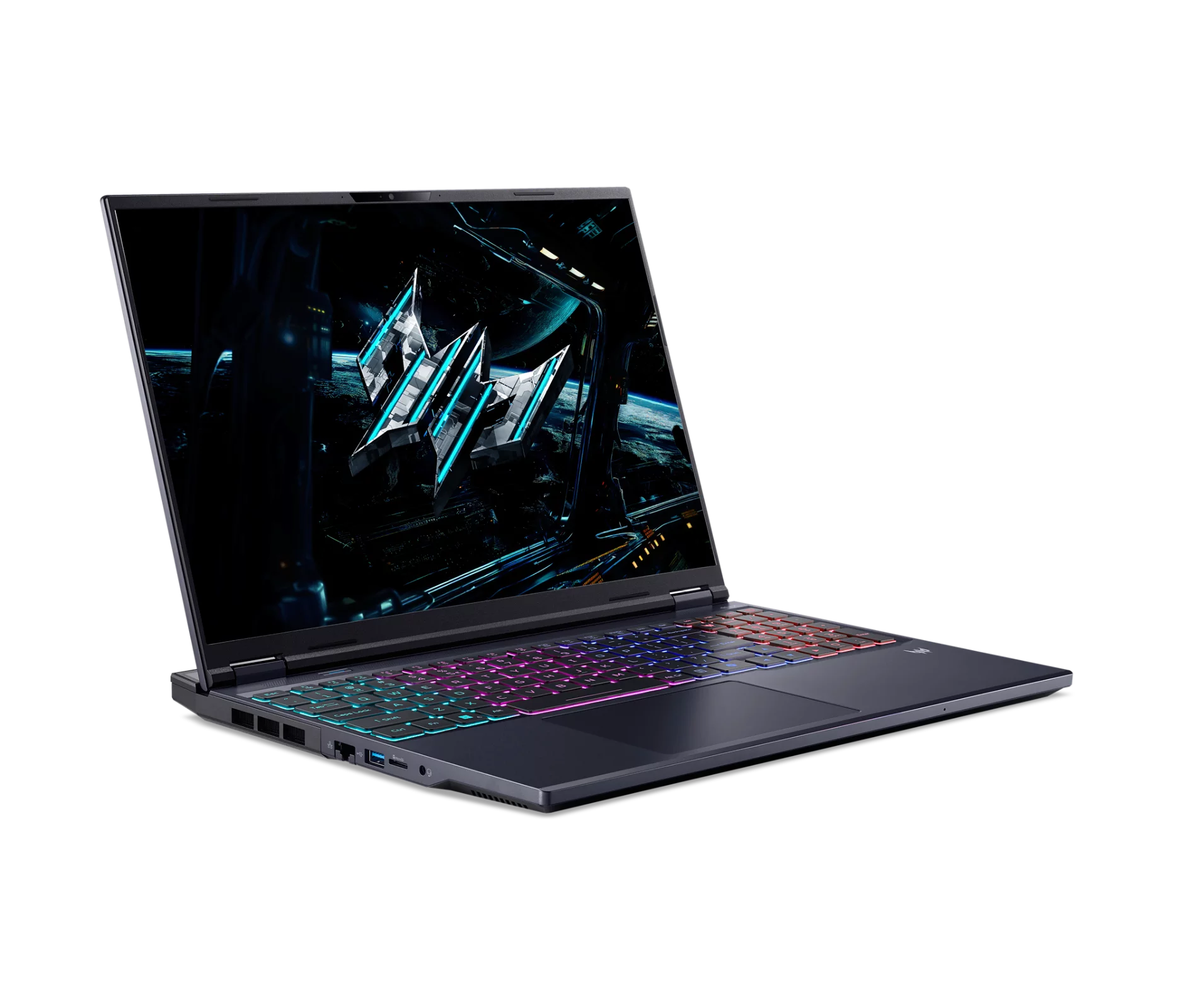 Un laptop aperto con tastiera RGB e sfondo a tema spaziale.