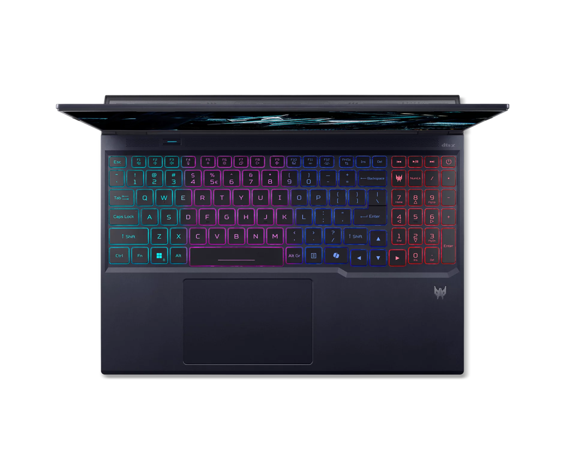 Un laptop scuro con tastiera retroilluminata su sfondo nero.